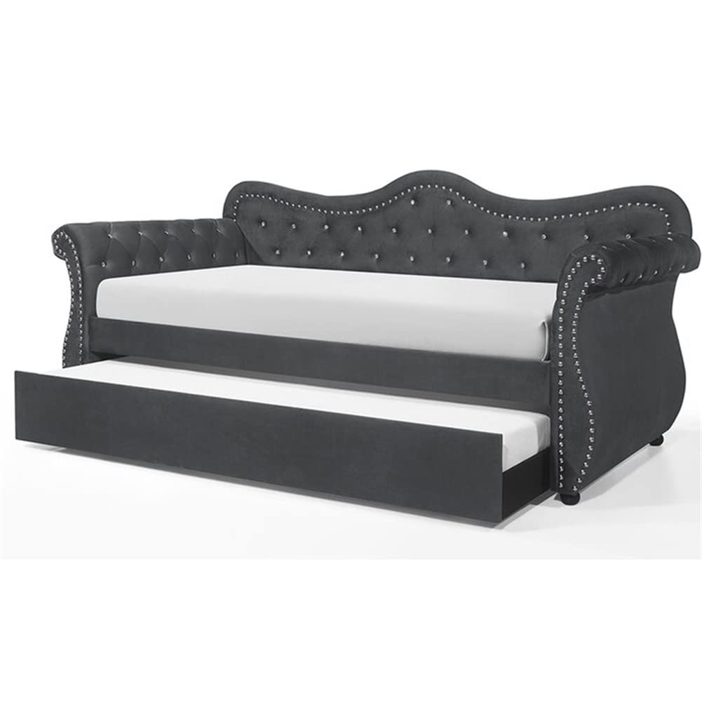 HABITRIO Twin Size Daybed with Trundle - Wood Frame, Button-Tufted Upholstery & Nailhead Trim, Curved Design Sofa Bed with Easy Pull-Out Trundle for Living Room, Bedroom, Guest Room - Grey (Perfect for Small Spaces & Overnight Guests)