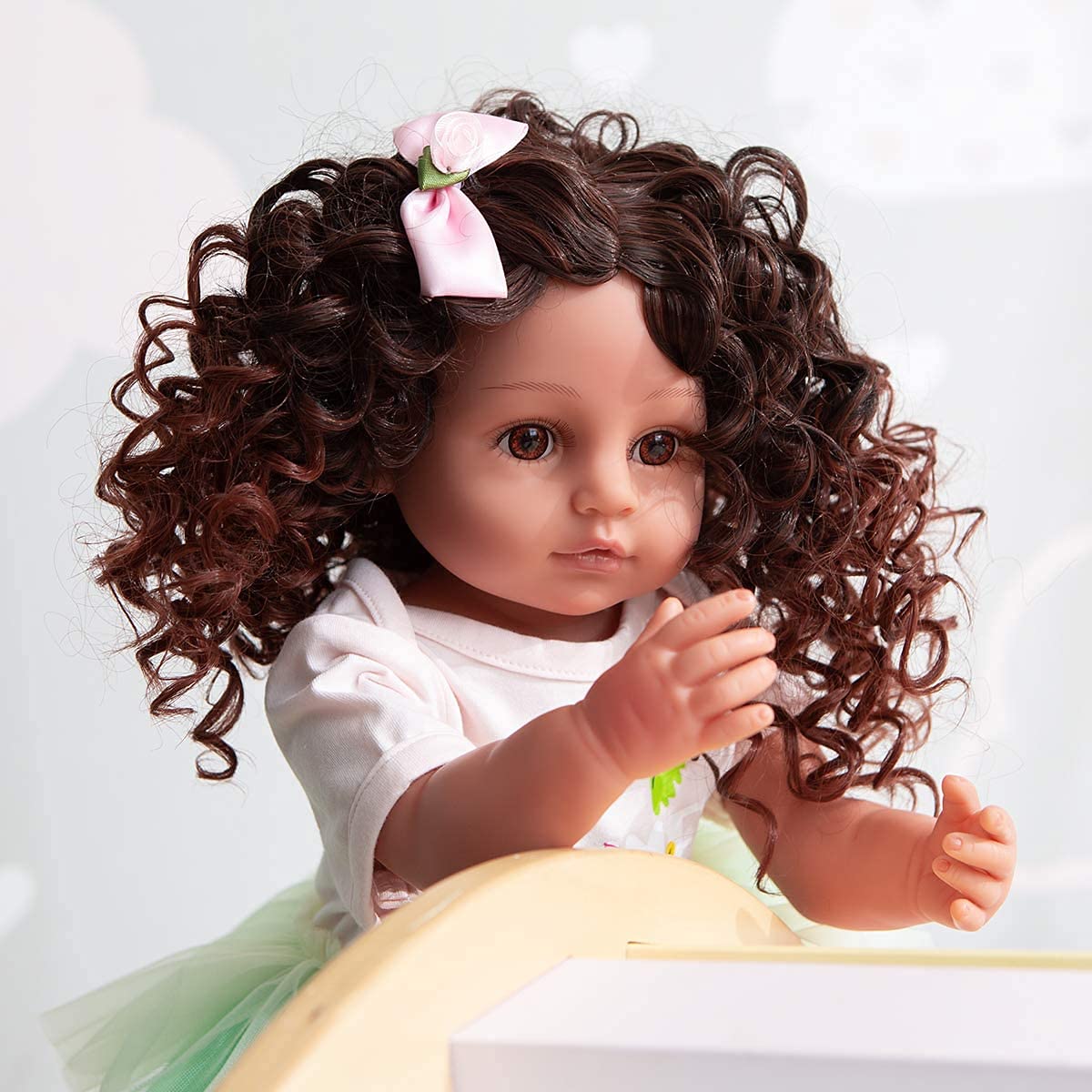 Realistic Reborn Baby Doll - Lifelike Full Silicone Body Toddler Doll with Curly Hair (Green Dress) - Perfect for Collectors, Gift Giving & Therapy Use