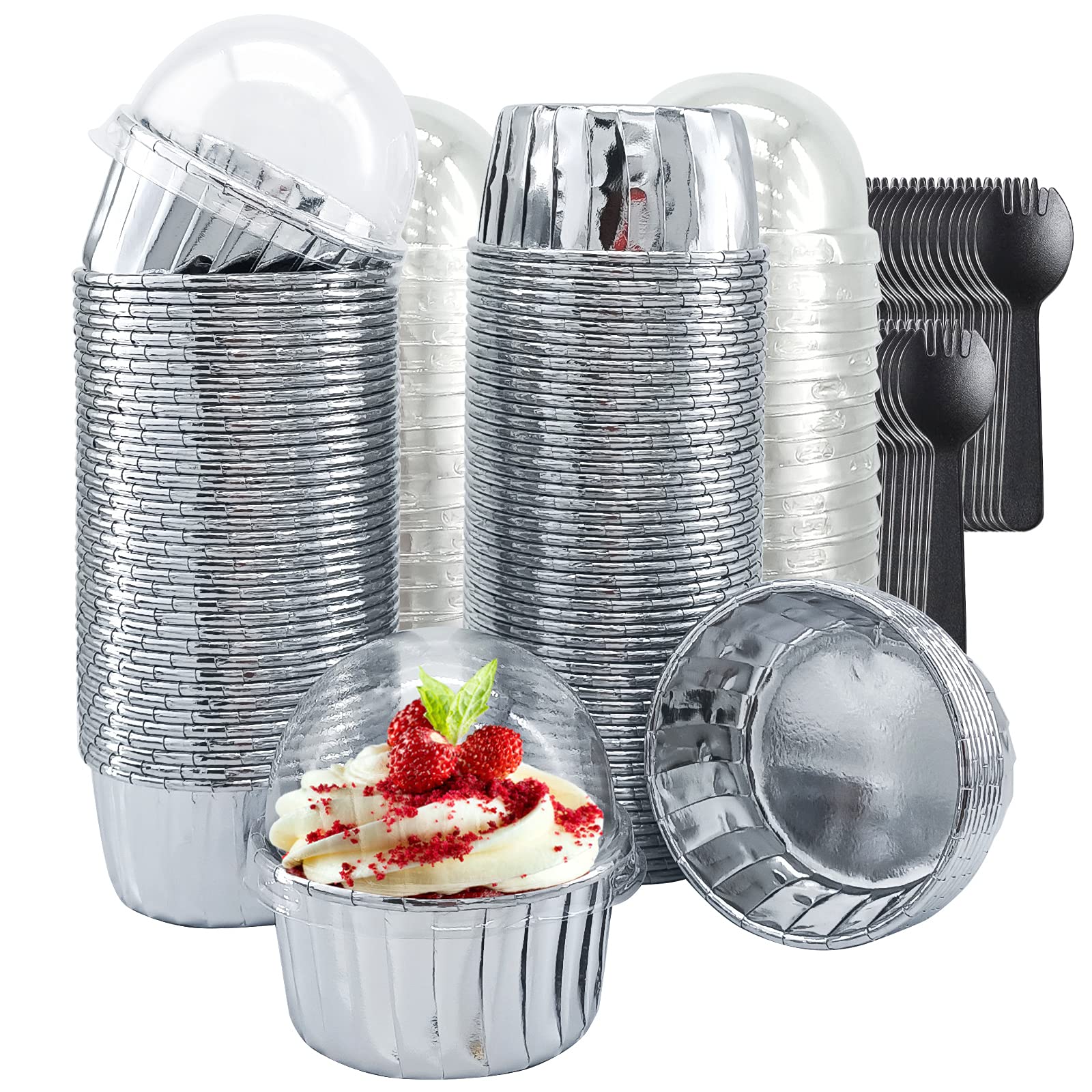 5.5 Oz Large Muffin Cups 100 Pack - Silver Foil Cupcake Liners with Dome Lids | Disposable Baking Cups for Muffins, Cupcakes & Desserts | Perfect for Home Baking, Parties & Gift Packaging