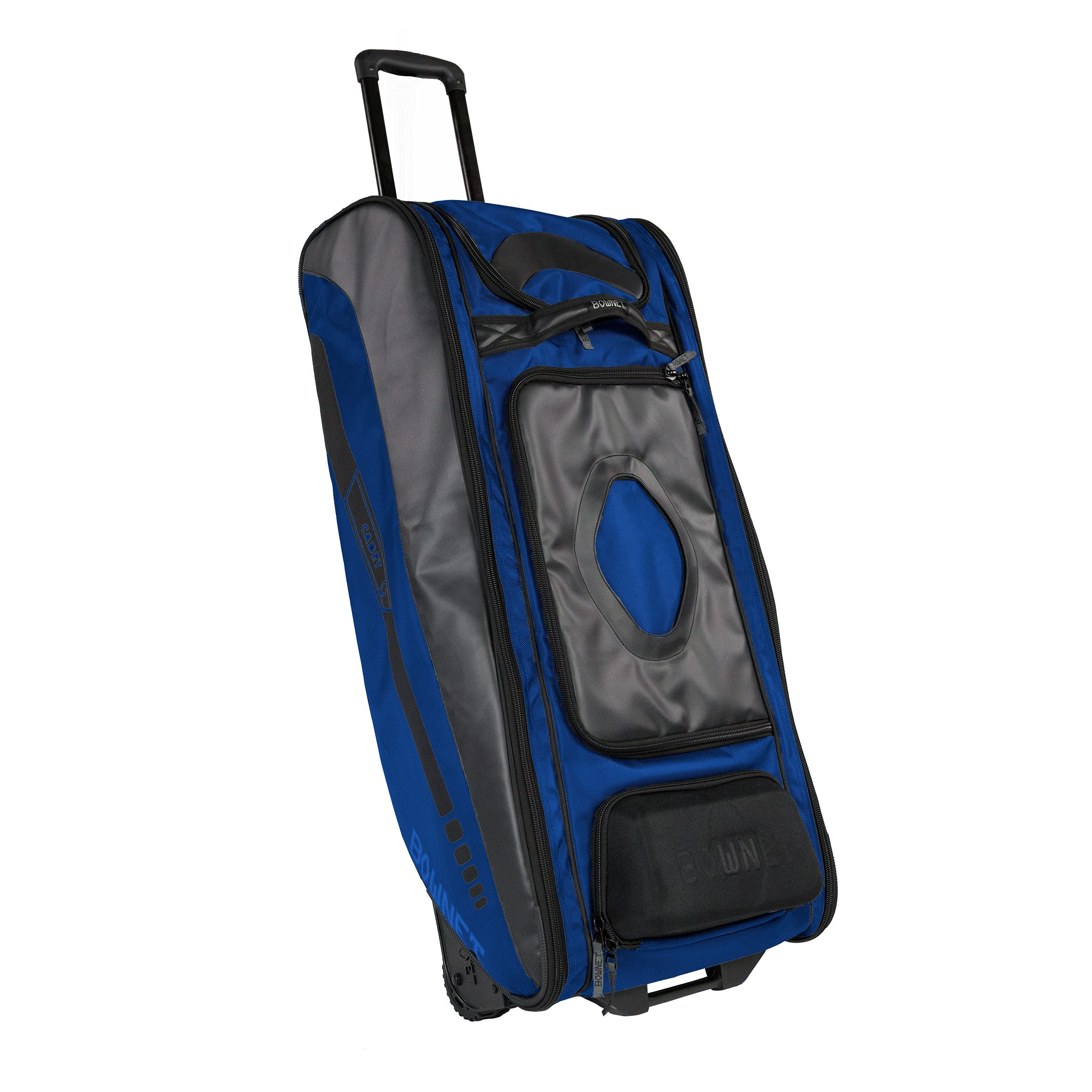 Bownet Cadet and Catcher Bag with Wheels & 14 Pockets - Durable Baseball Softball Equipment Gear for Youth Players & Coaches - Navy Blue 41x17x10.5 - Perfect for Practice, Games & Travel Storage