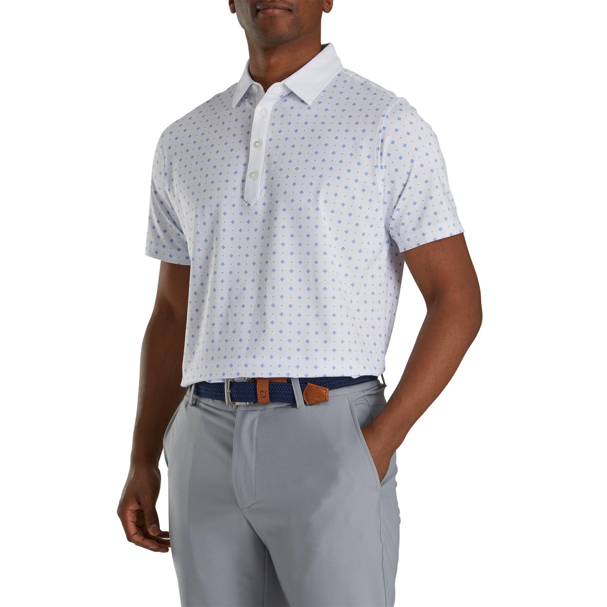 FootJoy Men's Athletic Fit Deco Print White Golf Polo Shirt - Breathable & Moisture-Wicking for Comfort on the Golf Course