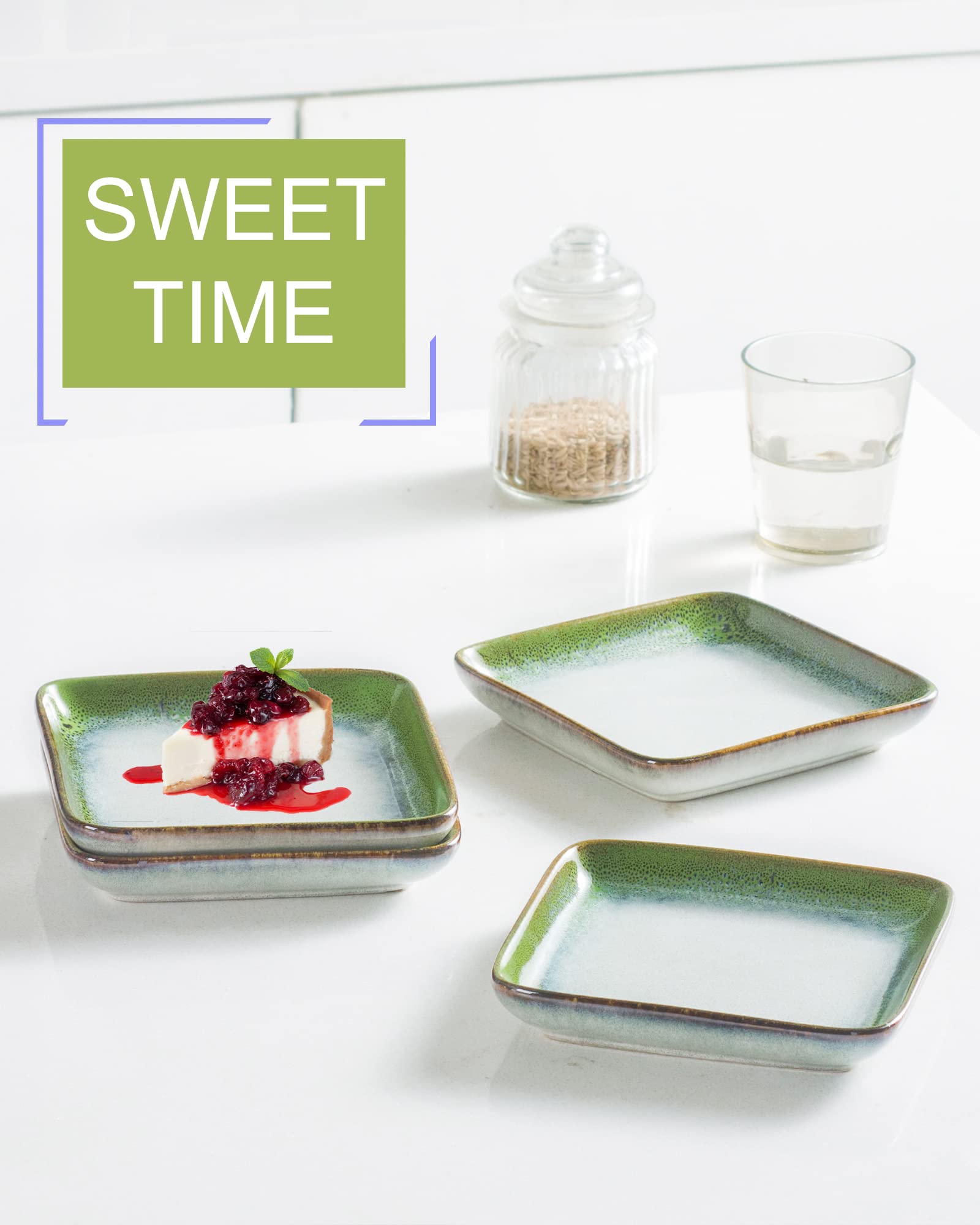 HENXFEN 6.3 Inch Small Ceramic Plates - Set of 4 Scratch Resistant Porcelain Appetizer & Dessert Plates, Microwave & Dishwasher Safe - Reactive Green for Dinner Parties, Tea Time, and Snack Serving