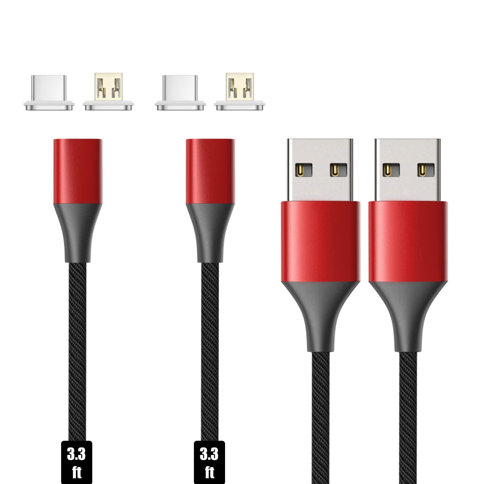 NETDOT Gen10 Magnetic Charging Cable 2-in-1 Nylon Braided USB-C & Micro-USB Fast Charger (3.3ft/2 Pack, Red) - Perfect for iPhone, Samsung, Android Phones & Tablets at Home, Office or Travel