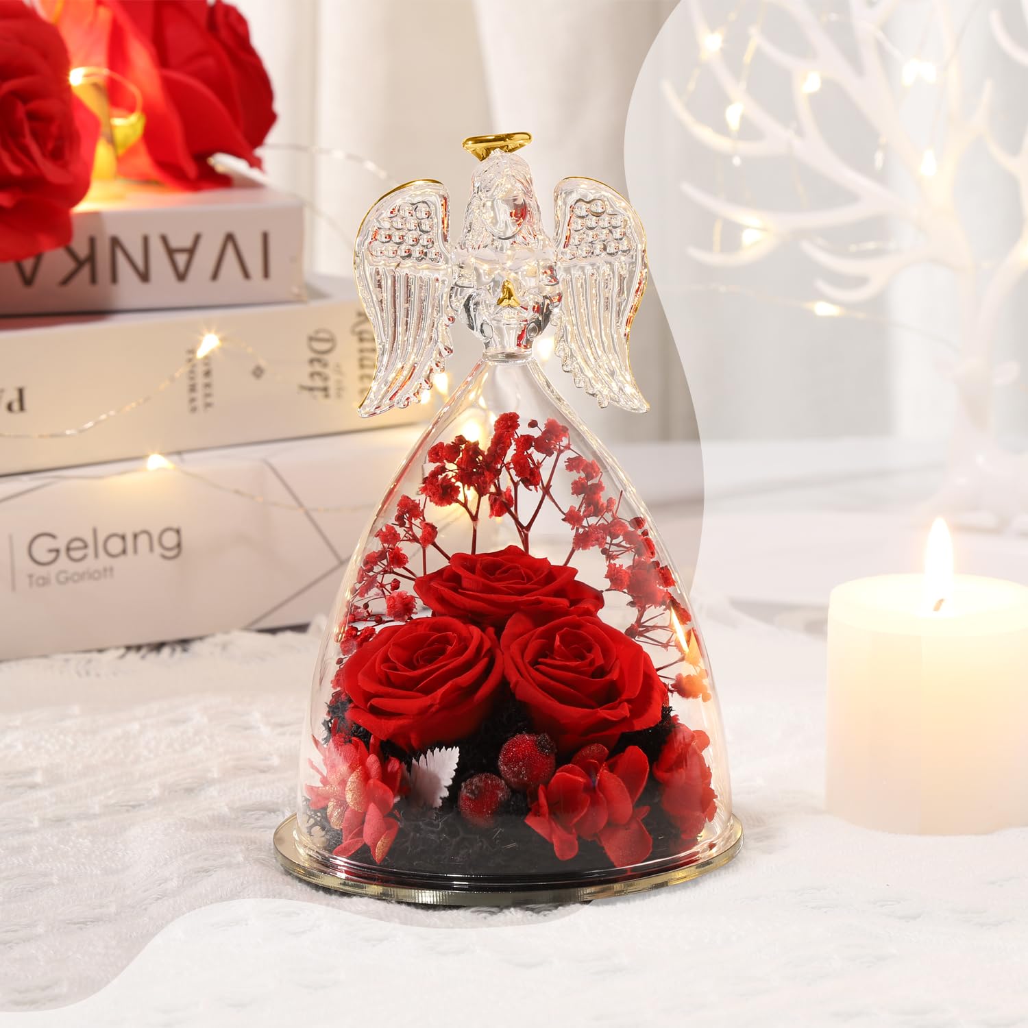 ANWEAO Preserved Rose in Glass Angel Figurine - Eternal Red Rose Gift for Mom, Grandma, Wife, Sister | Mother's Day, Birthday, Anniversary Present | Home Decor, Wedding Centerpiece, Romantic Gift Idea