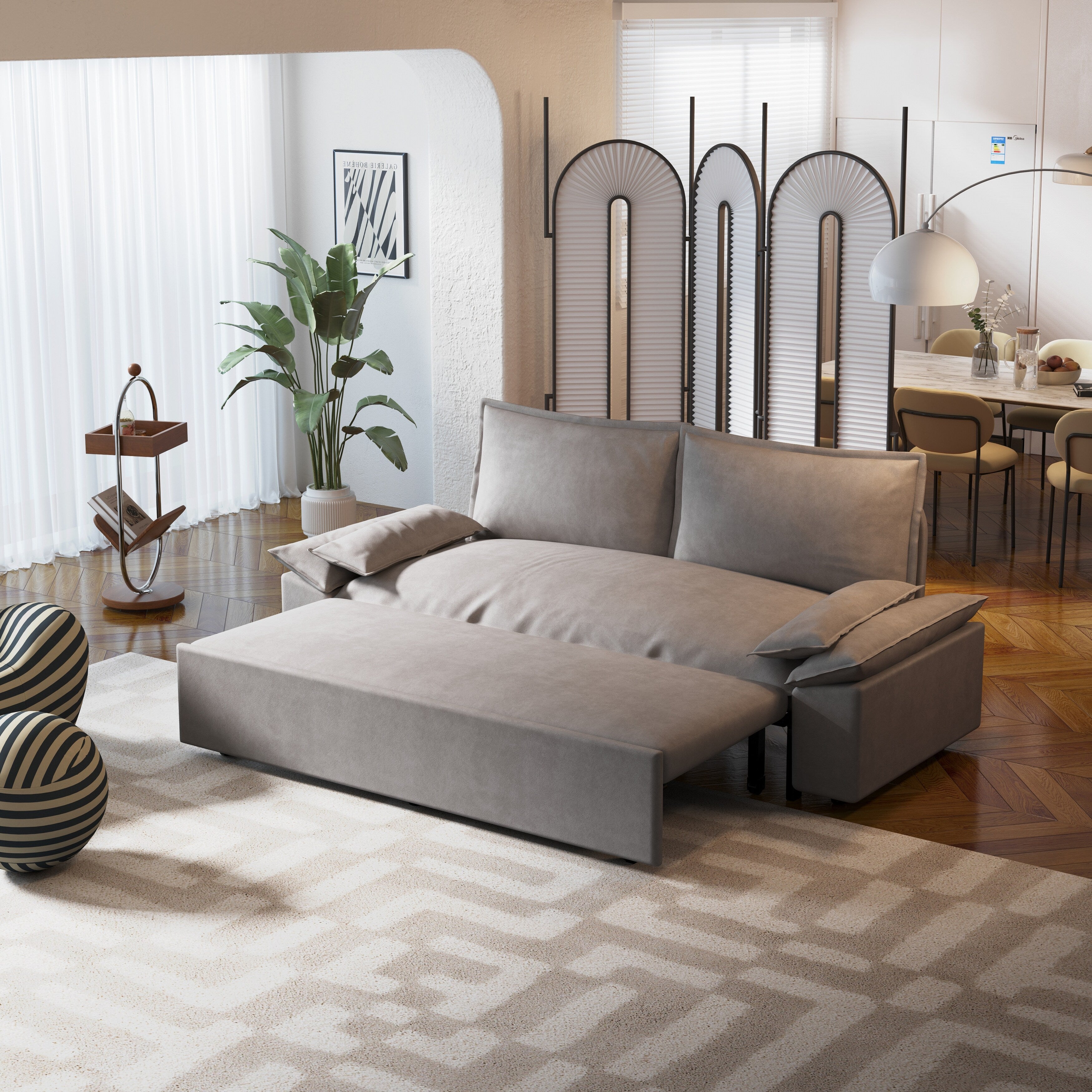 3 in 1 Convertible Sleeper Sofa Bed - Queen Size Pull Out Couch with Velvet Upholstery & Pillows - Space Saving Furniture for Small Apartments, Guest Rooms & Home Offices