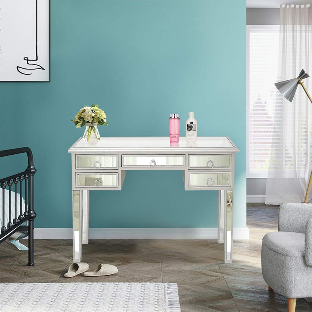 Modern Mirrored Console Table with 5 Drawers - Silver Finish Vanity Desk for Bedroom, Makeup Table & Entryway Decor | Elegant Home Office Furniture & Dressing Table for Women