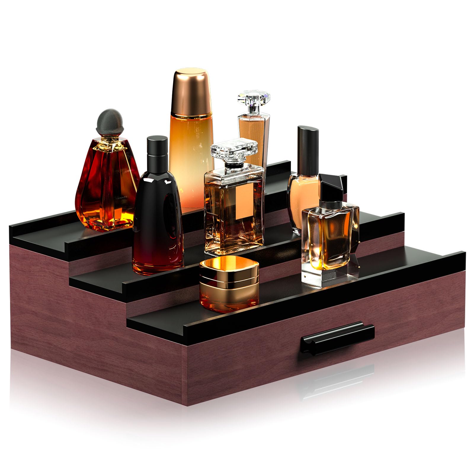 Premium 3-Tier Wooden Cologne Organizer for Men - Perfume Display Shelf with Drawer Storage, Fragrance Organization & Display Risers - Perfect Gift for Him, Dad, Husband (Burgundy Black) - Ideal for Bedroom Vanity, Bathroom Counter & Dresser Top Organization
