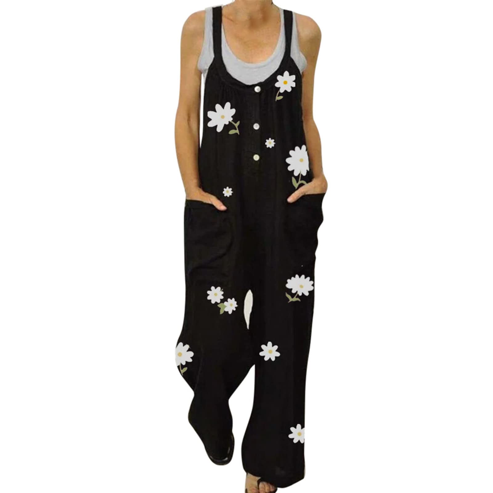 Women's Summer Jumpsuit 2023 - Casual Cotton Wide Leg Overalls with Pockets | Beach Romper & Lounge Wear | Black, Size L