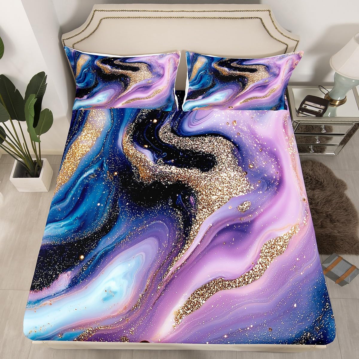 Modern Marble Twin Fitted Sheet Set - Blue Purple Gold Abstract Stone Pattern Bedding | Soft Tie-Dye Pastel Design for Kids, Teens & Adults | Perfect for Nursery, Dorm Room & Master Bedroom Decor