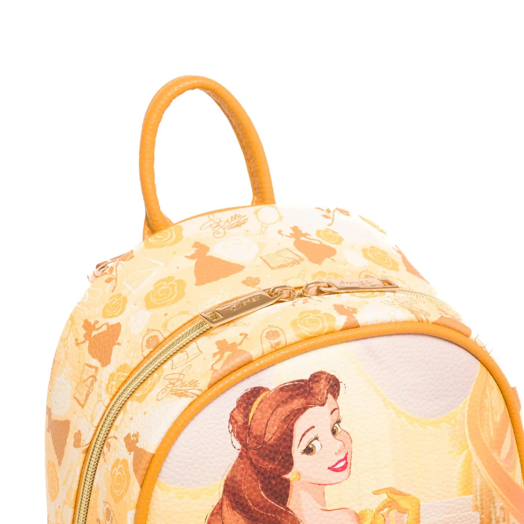 Disney Beauty and the Beast Yellow Belle Vegan Leather Mini Backpack for Women - Fashionable Small Purse for Cosplay, Theme Parks & Daily Use