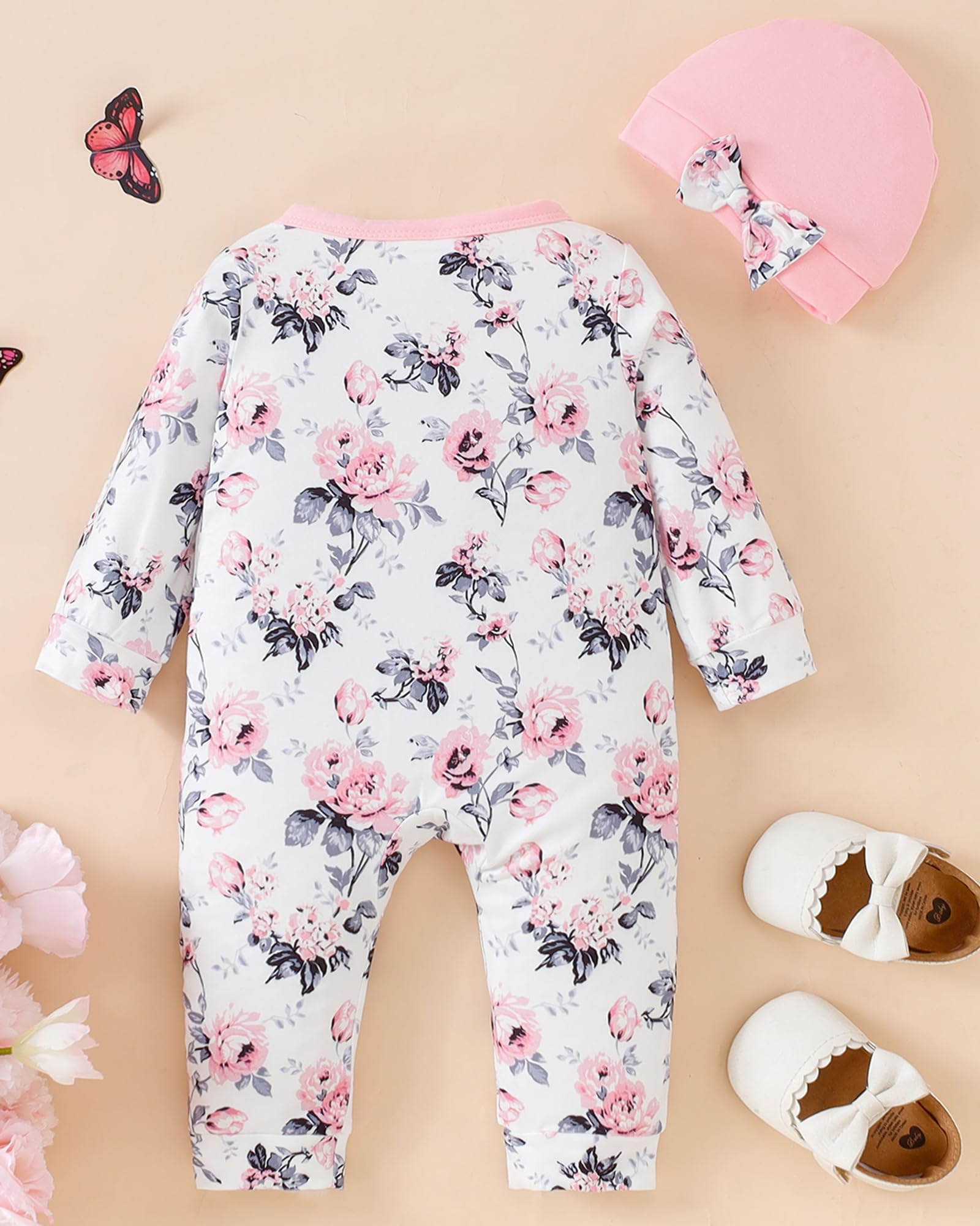 Mioglrie Newborn Baby Girl Clothes - Soft Long Sleeve Romper Jumpsuit with Floral Hat | Fall Winter Infant Outfits for Preemie Girls | Perfect for Photoshoots, Family Gatherings & Daily Wear