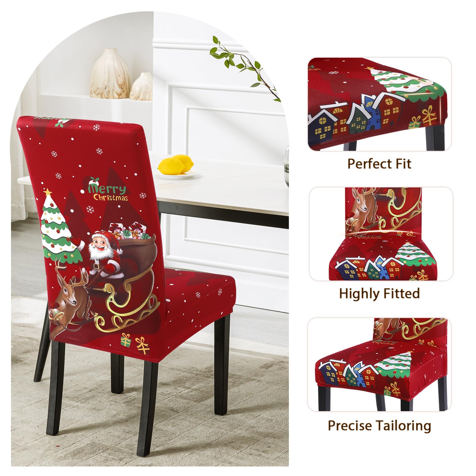 Stretchable Christmas Dining Chair Covers Set of 4 - Washable Spandex Xmas Parsons Chair Slipcovers with Santa & Deer Print for Holiday Decorations, Kitchen & Party Use - Perfect for Christmas Dinner, Family Gatherings & Festive Home Decor