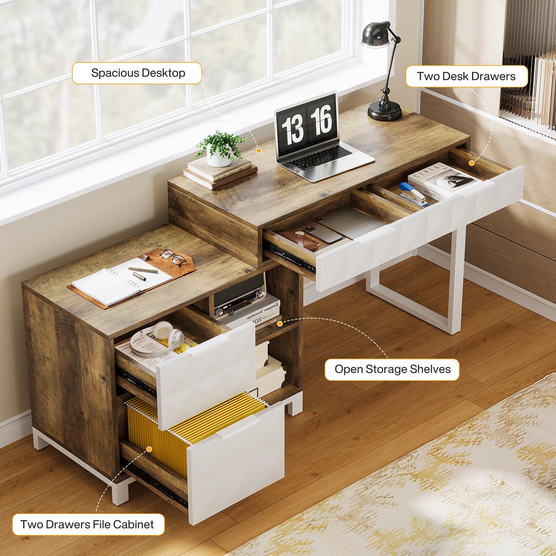 4-Drawer Computer Desk with File Cabinet - Reversible Office Desk for Home & Workspace - Perfect for Small Spaces, Gaming, and Remote Work