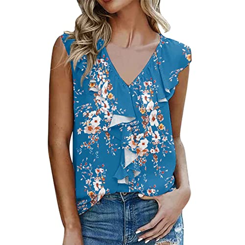 Black Hooded Deep V-Neck Ruffle Sleeveless Tank Top for Women - Casual Summer Blouse with Print Design (Blue, XXL) - Perfect for Beach Outings, Music Festivals & Everyday Wear