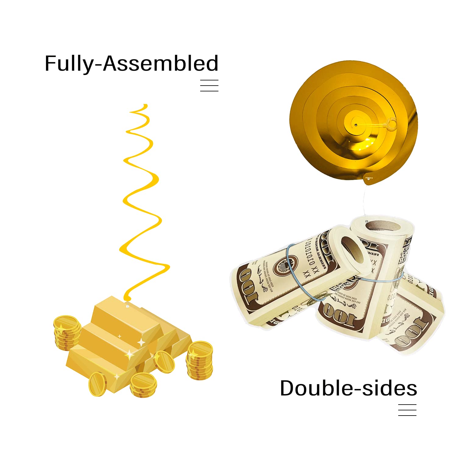 30Pcs Fully-Assembled Money Birthday Party Decorations - Gold Dollar Bill Ceiling Swirls for Casino Theme, Adult Birthday & Special Events - Perfect for Casino Nights, Dollar Themed Parties & Festive Celebrations