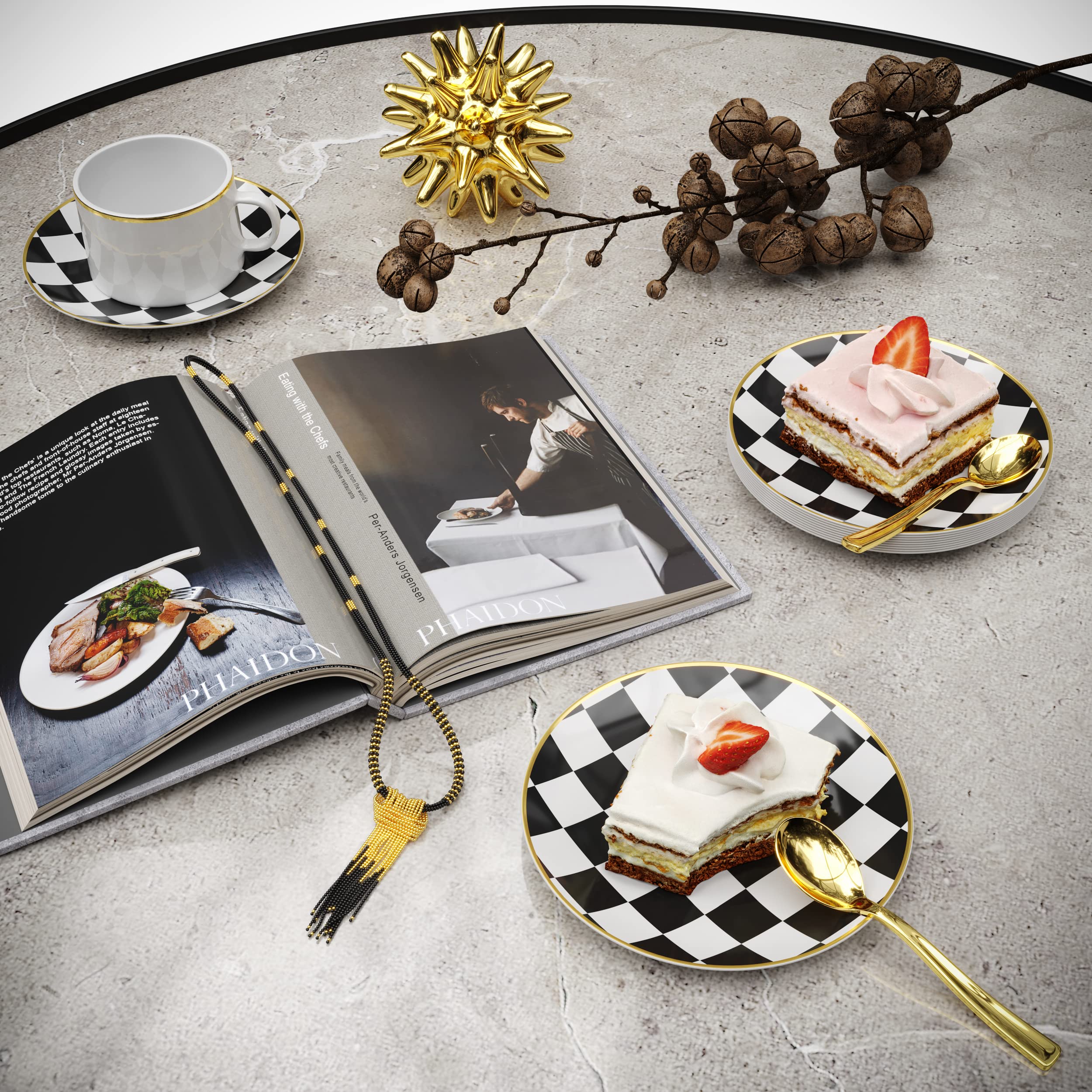 Trendables 120-Pack Mini Disposable Checkered Dessert Plates with Gold Rim & Matching Plastic Spoons - Elegant Party Serving Set for 60 Guests, Perfect for Weddings, Birthdays & Special Occasions