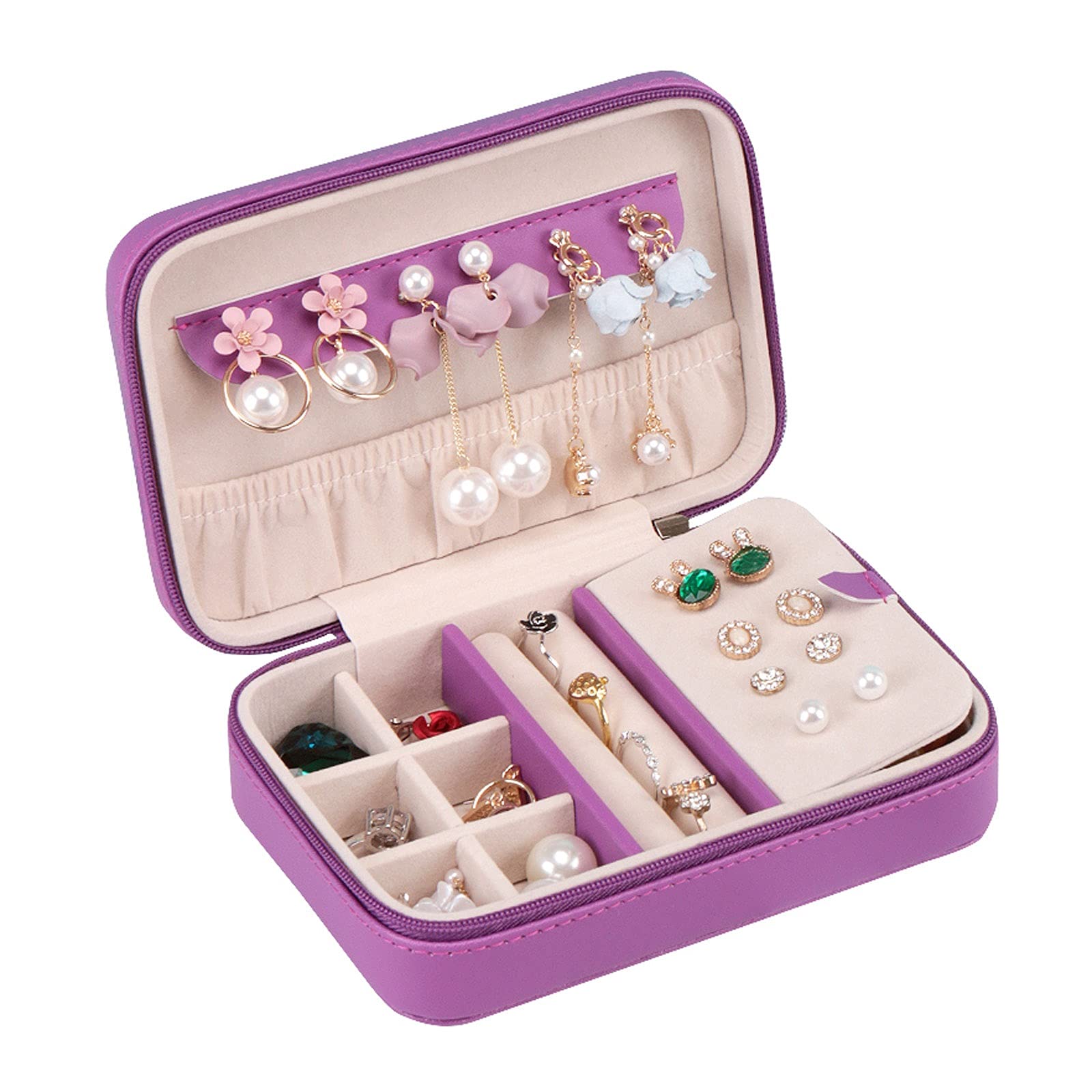 Portable Travel Jewelry Box Organizer with Zipper - Small Jewelry Case for Women to Store Earrings, Rings & Necklaces | Compact Jewelry Storage Solution for Travel, Home & Gifts (Purple)