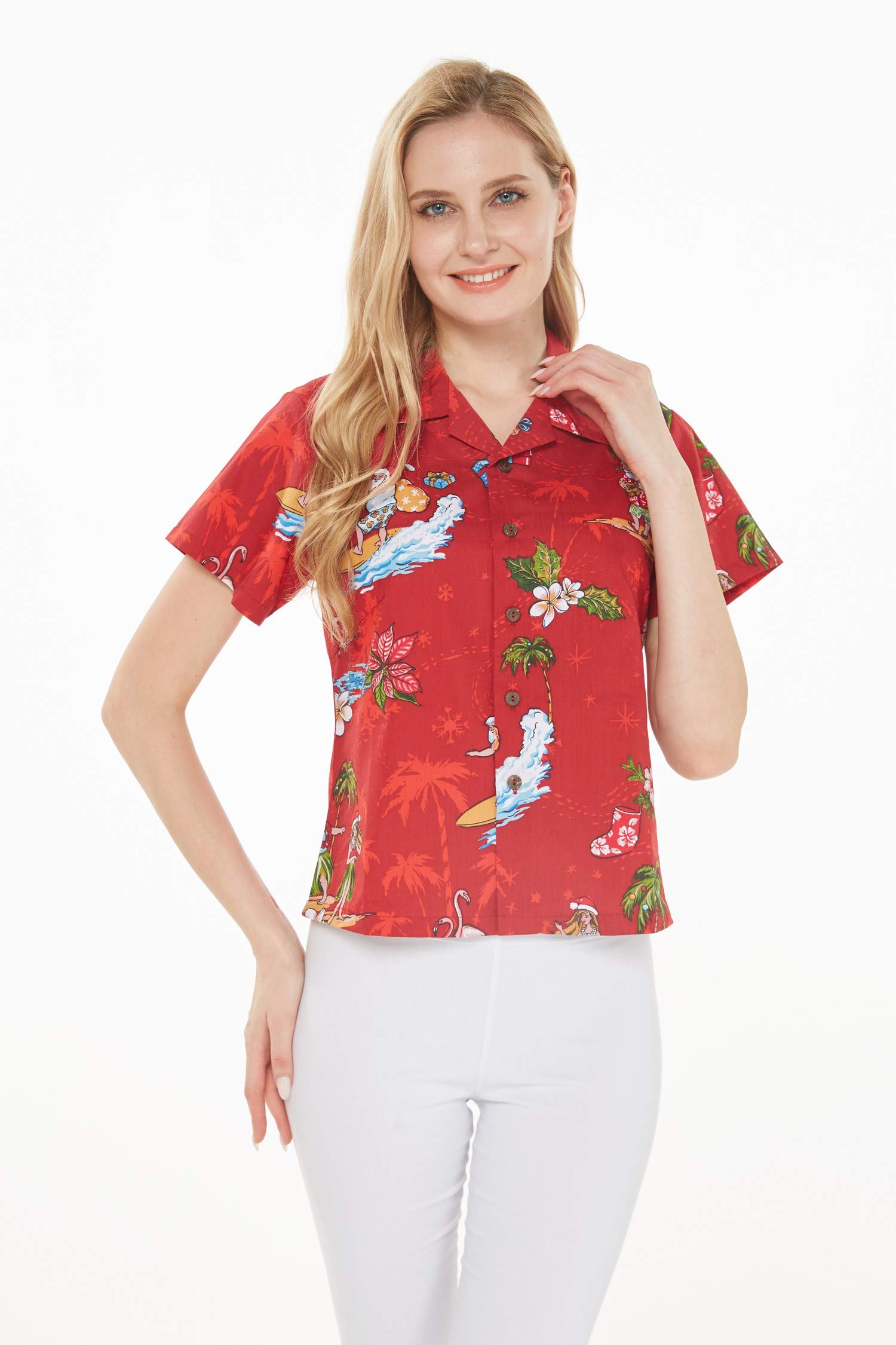 Women's Hawaiian Aloha Shirt - Christmas Santa in Hawaii Red Floral Print - Perfect for Beach Vacation, Luau Party & Summer Holiday Outfits