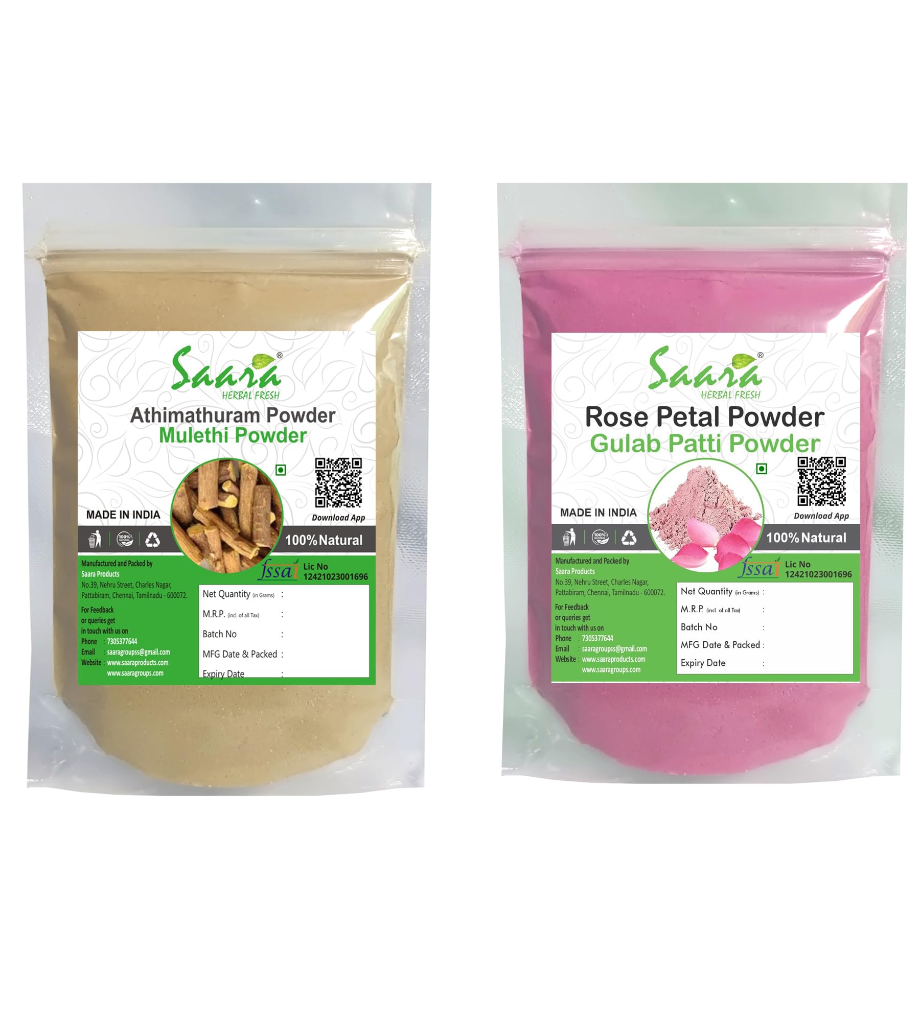 Saara HERBAL FRESH Mulethi Powder & Rose Petal Powder Combo - 100g (50g Each) for Skin Brightening, Tan Removal & Glowing Complexion - Natural Ayurvedic Face Mask for Daily Skincare Routine