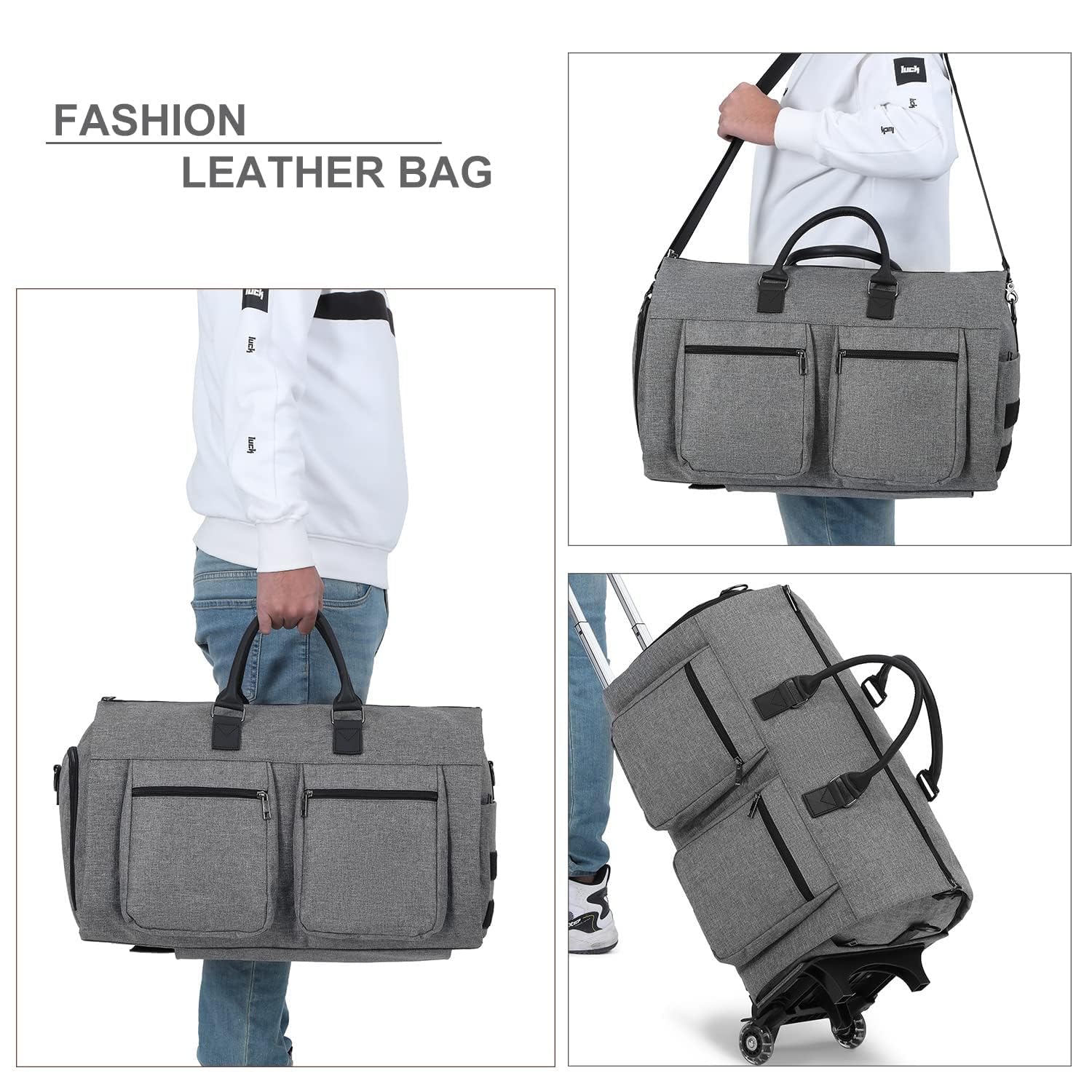 Rolling Garment Bag with Wheels - Travel Duffel Carry On Bag with Shoe Pouch | Weekender Luggage for Women | Perfect for Business Trips & Weekend Getaways (Grey)