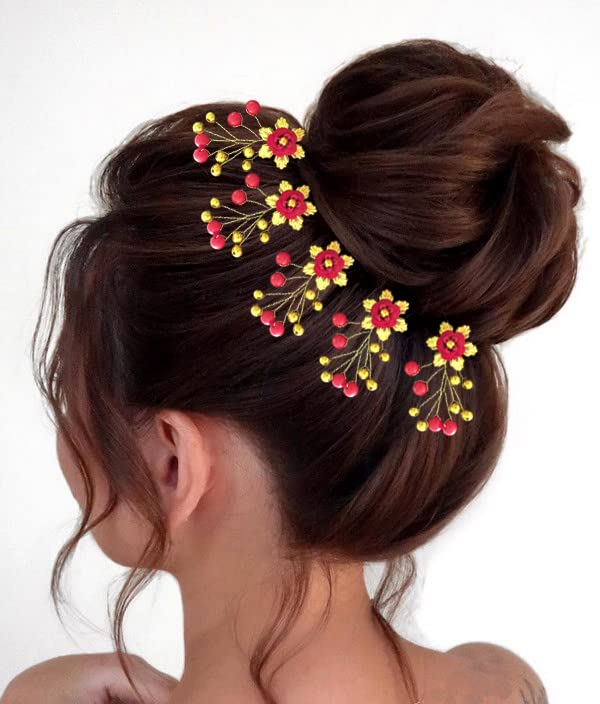 Elegant Red Artificial Flower Hair Pin with Beads for Women & Girls - Bridal Hair Accessories, Juda Pin, Pack of 8 - Perfect for Weddings, Parties & Special Occasions