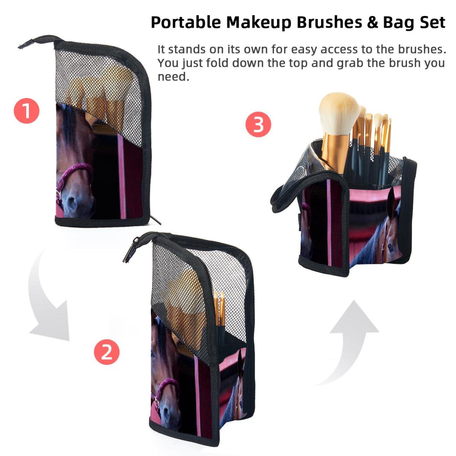 12-Piece Makeup Brush Organizer Bag with Portable Case - Farm Portrait Horse Design - Perfect for Travel, Home Storage & Professional Makeup Artists
