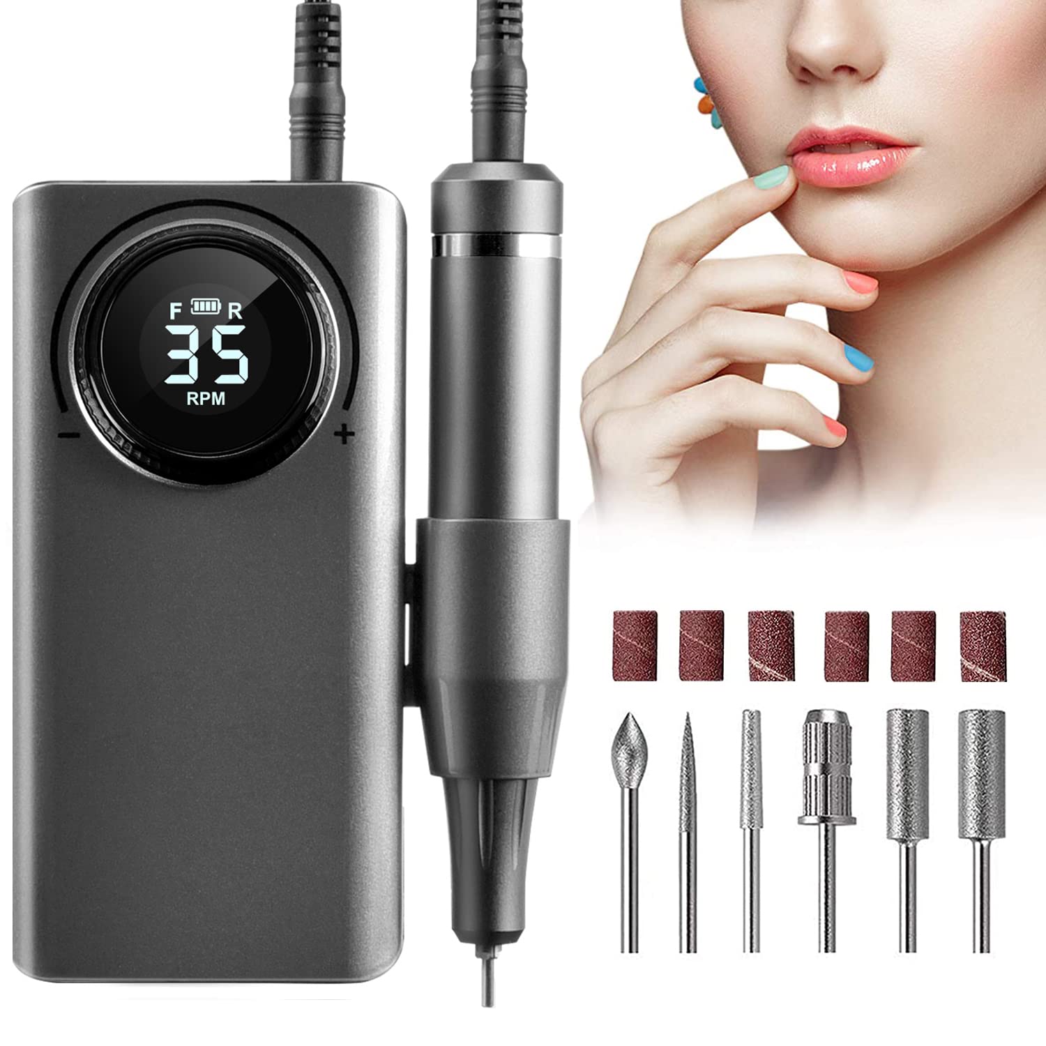 Professional Electric Nail Drill Machine 35000 RPM with 6 Drill Bits & LCD Display for Acrylic Nails, Natural Nail Extension, Gel Polish, Cuticle Care - Perfect for Salon, Home Manicure & Pedicure