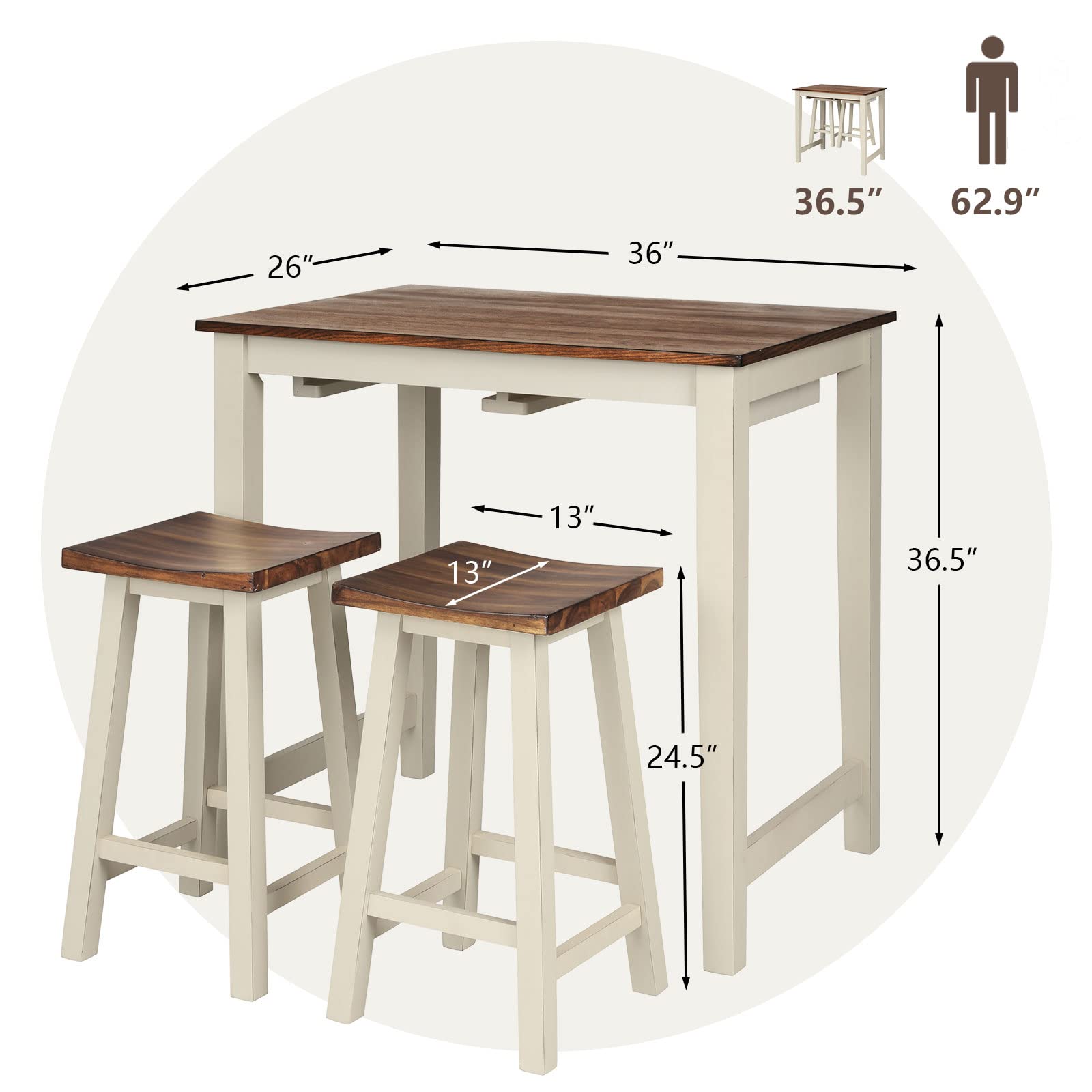 COSTWAY 3-Piece Counter Height Dining Set with 2 Saddle Stools - Industrial Style Wooden Pub Table for Breakfast Bar, Kitchen, Living Room & Restaurant | Perfect for Small Spaces, Apartments & Outdoor Patios