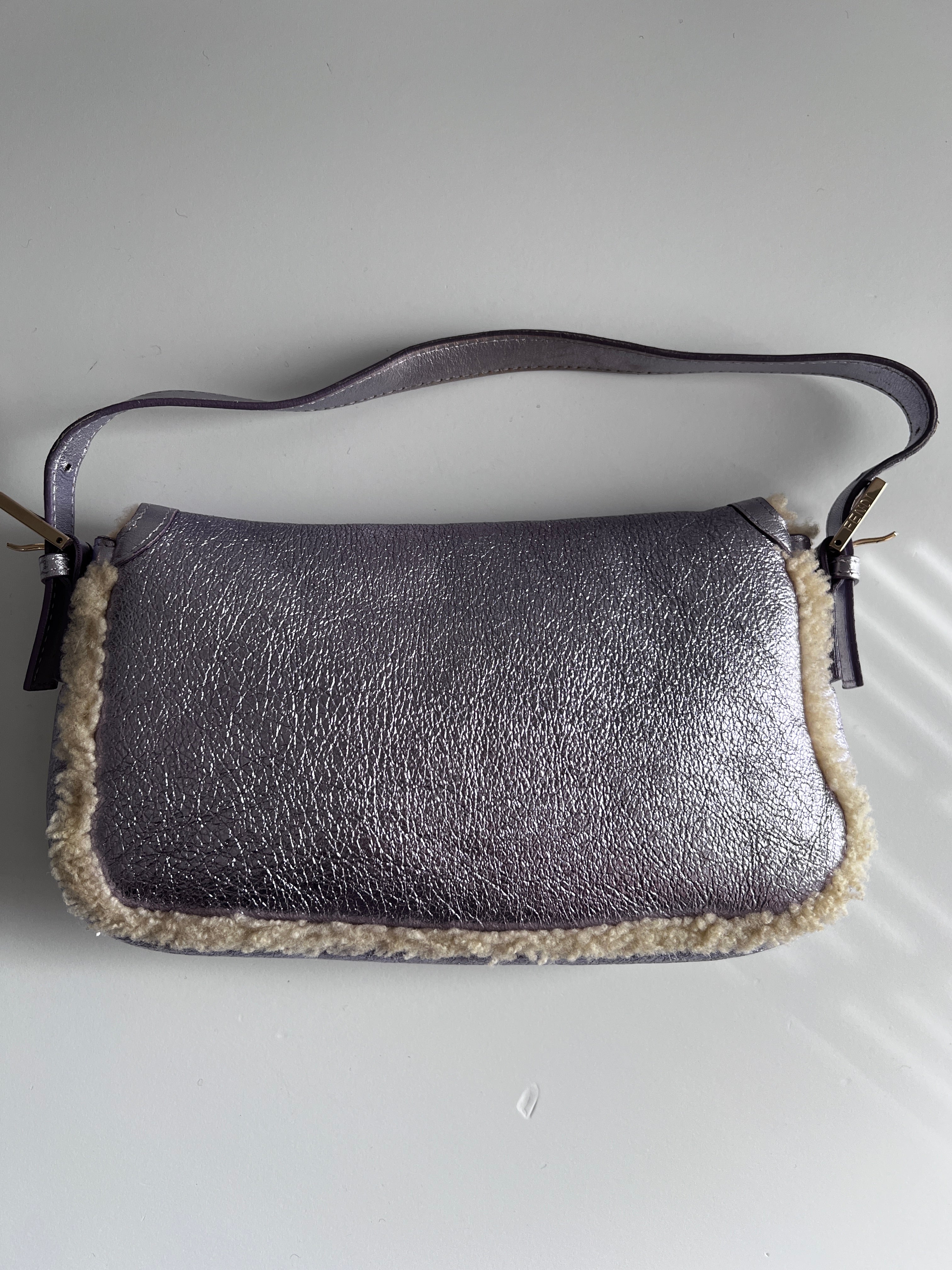 Fendi Purple Metallic Shearling Baguette Bag - Luxury Designer Crossbody Purse for Women, Perfect for Parties, Dates & Evening Events