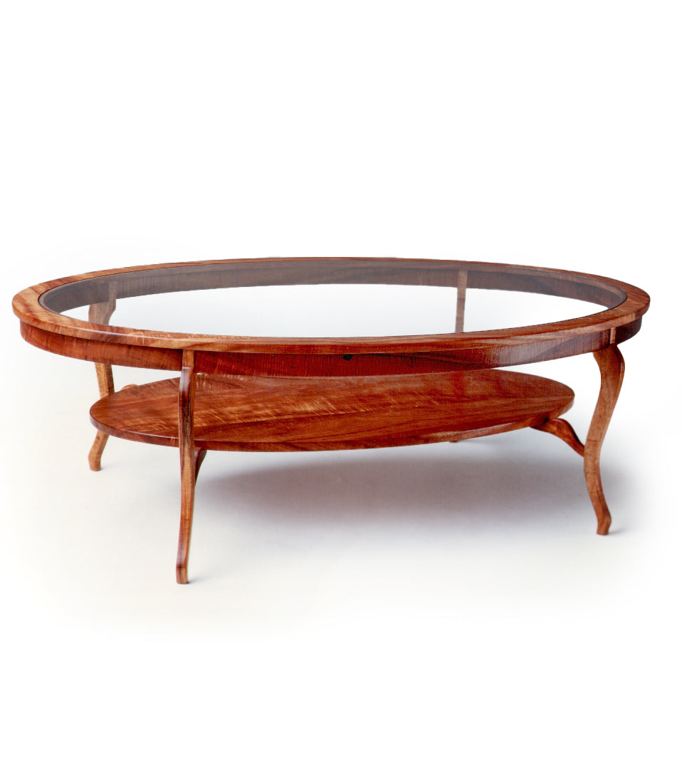 Modern Oval Coffee Table with Tempered Glass Top & Solid Koa Wood Shelf - Perfect for Living Room, Lounge, or Office Decor
