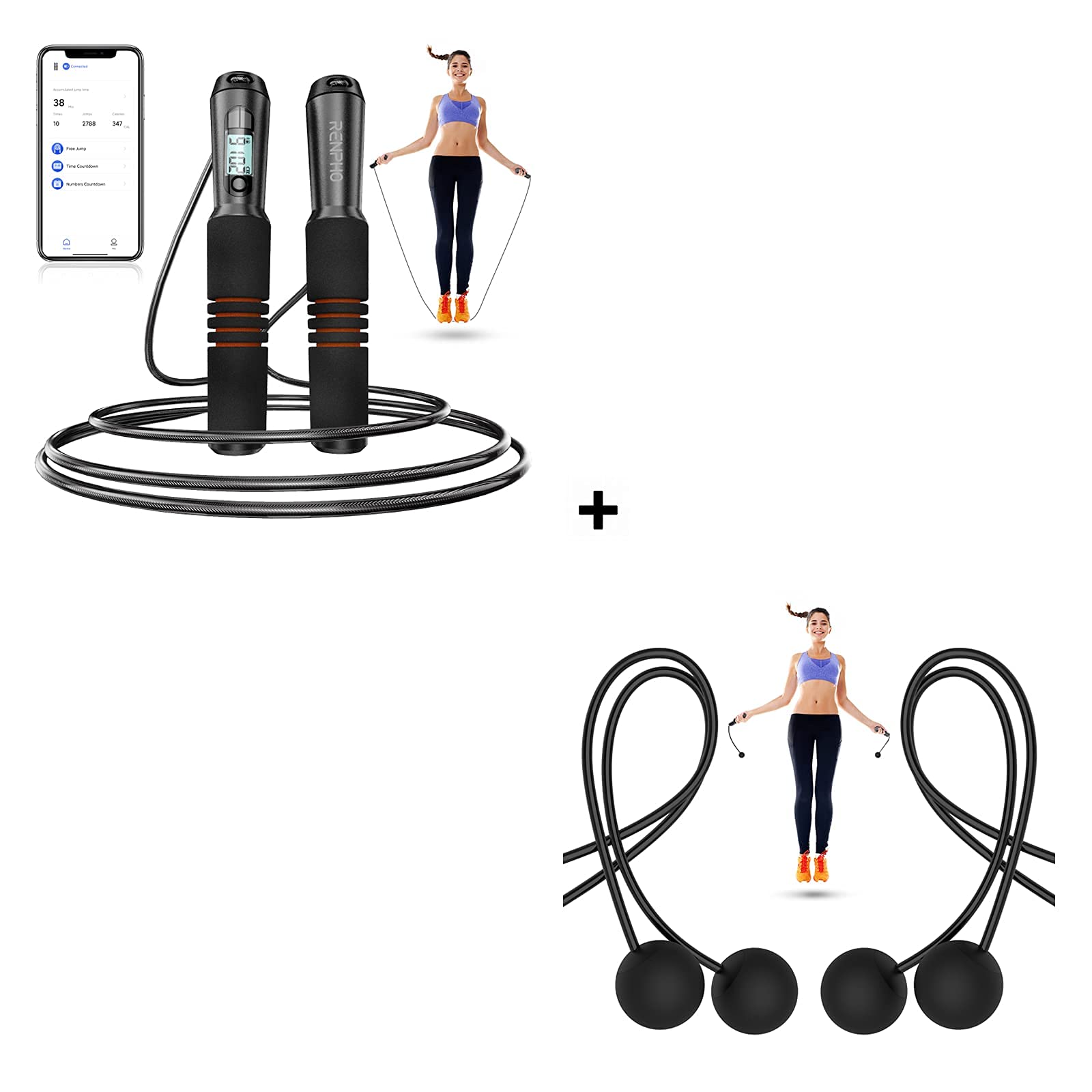 RENPHO Smart Jump Rope & Ropeless Jump Rope Replacement - 2 Pack (Handles Not Included) | Perfect for Home Workouts, Cardio Training & Fitness Enthusiasts