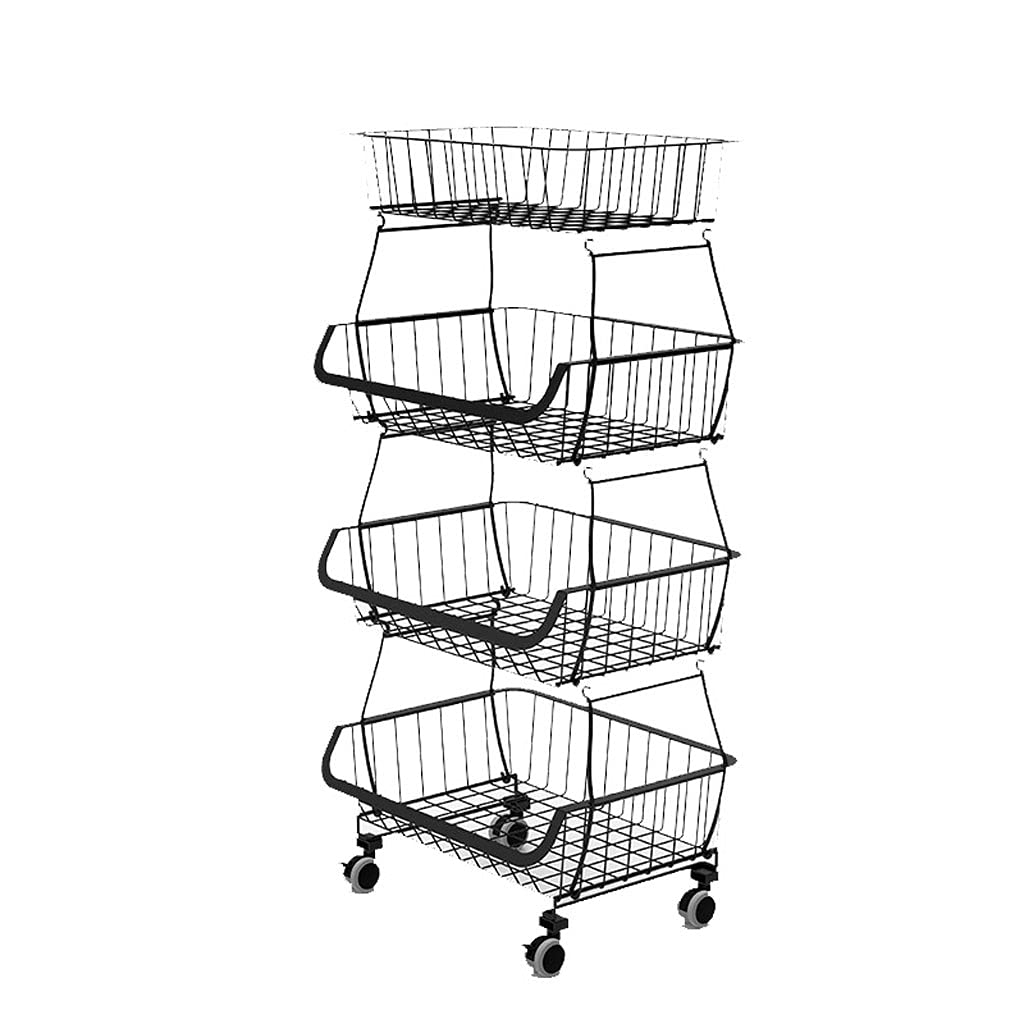 4-Tier Stackable Metal Wire Storage Baskets with Casters - Adjustable Anti-Skid Feet & Plastic Trays - Kitchen Pantry Bathroom Organizer for Fruits Vegetables Towels - Black (Perfect for Small Space Organization in Home & Office)