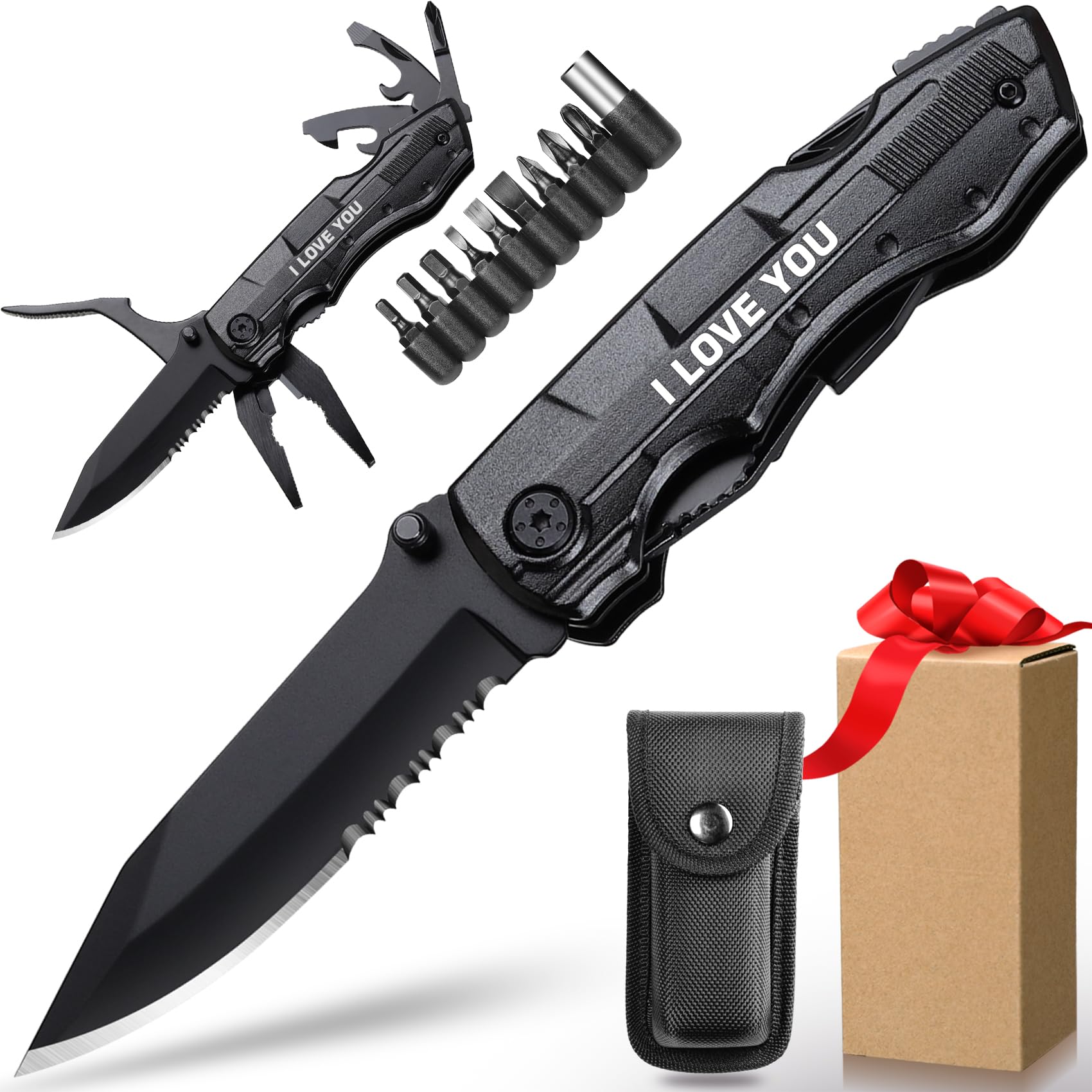Multitool Knife with 'I LOVE YOU' Engraving - Unique Valentine's Day, Anniversary & Birthday Gift for Boyfriend or Husband - Practical EDC Tool for Camping, Hiking & Everyday Carry