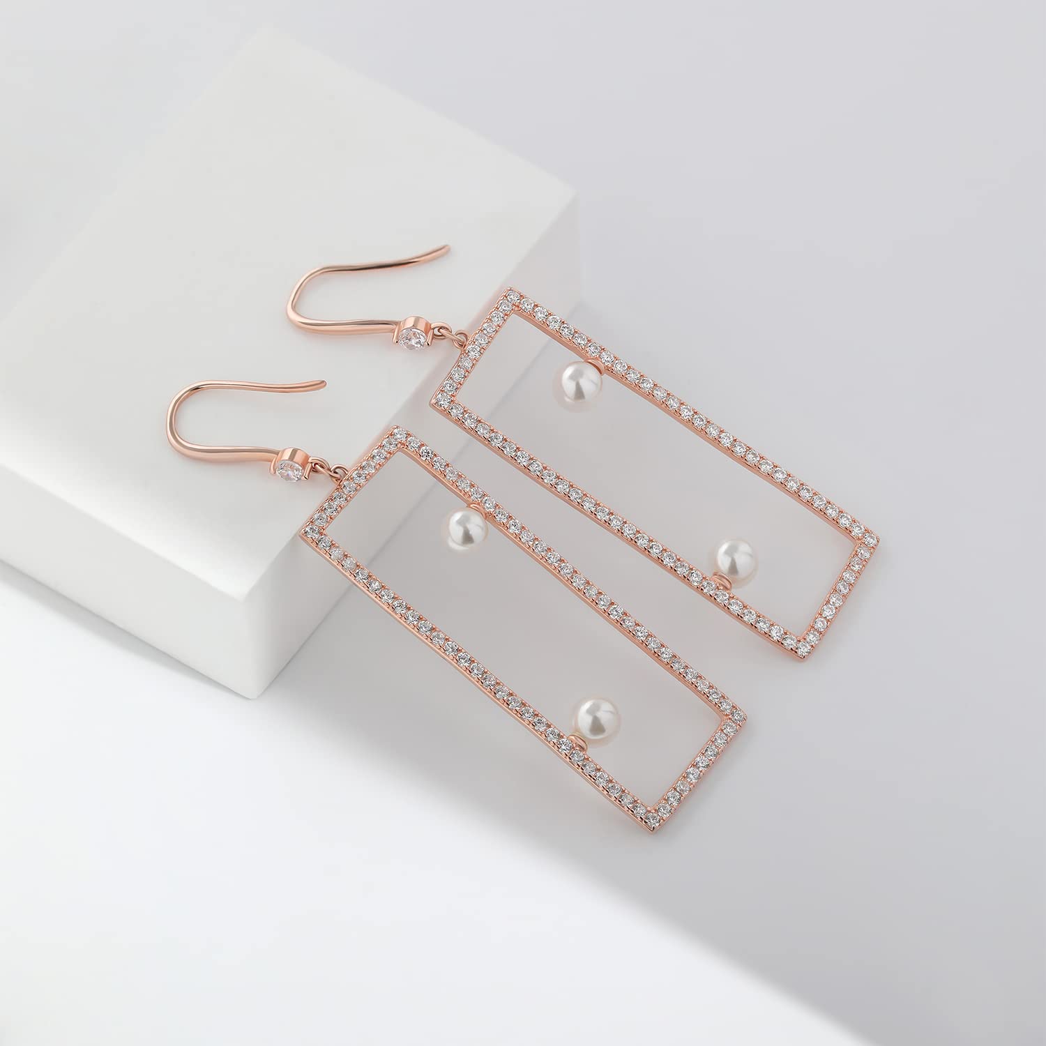 Meissa 925 Sterling Silver Geometric Pearl Drop Earrings | Handmade Rose Gold Statement Jewelry | Perfect for Weddings, Parties & Special Occasions