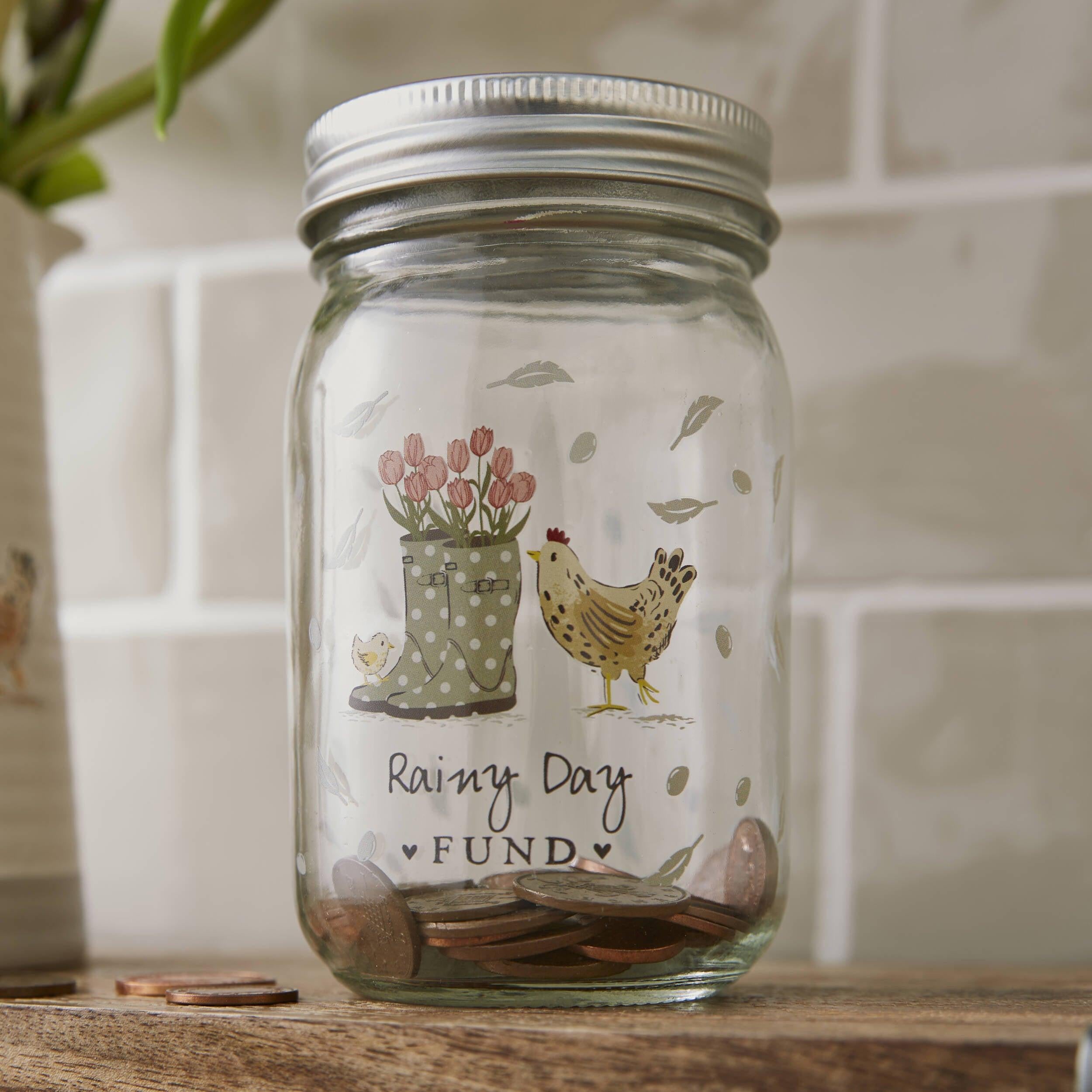 Hen House Lane Glass Money Jar with Lid - Transparent Savings Jar for Cash, Coins & Piggy Bank - Perfect for Home, Office, Kids Allowance & DIY Savings Goals