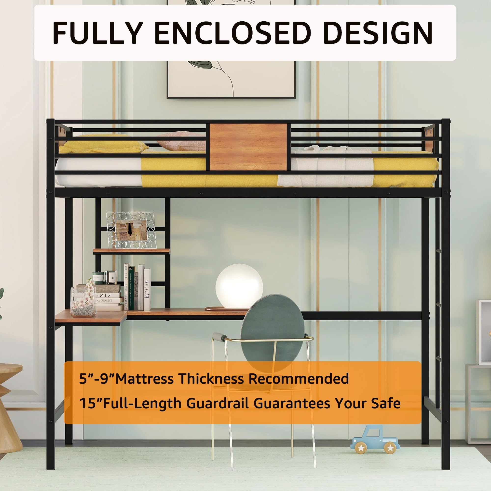 **Metal Loft Bed Frame with Desk & Storage - Twin Size Space-Saving Bed for Kids, Teens & Adults - Sturdy Guardrail & Ladder Included - No Box Spring Needed (Black) - Perfect for Small Rooms, Dorms & Apartments**