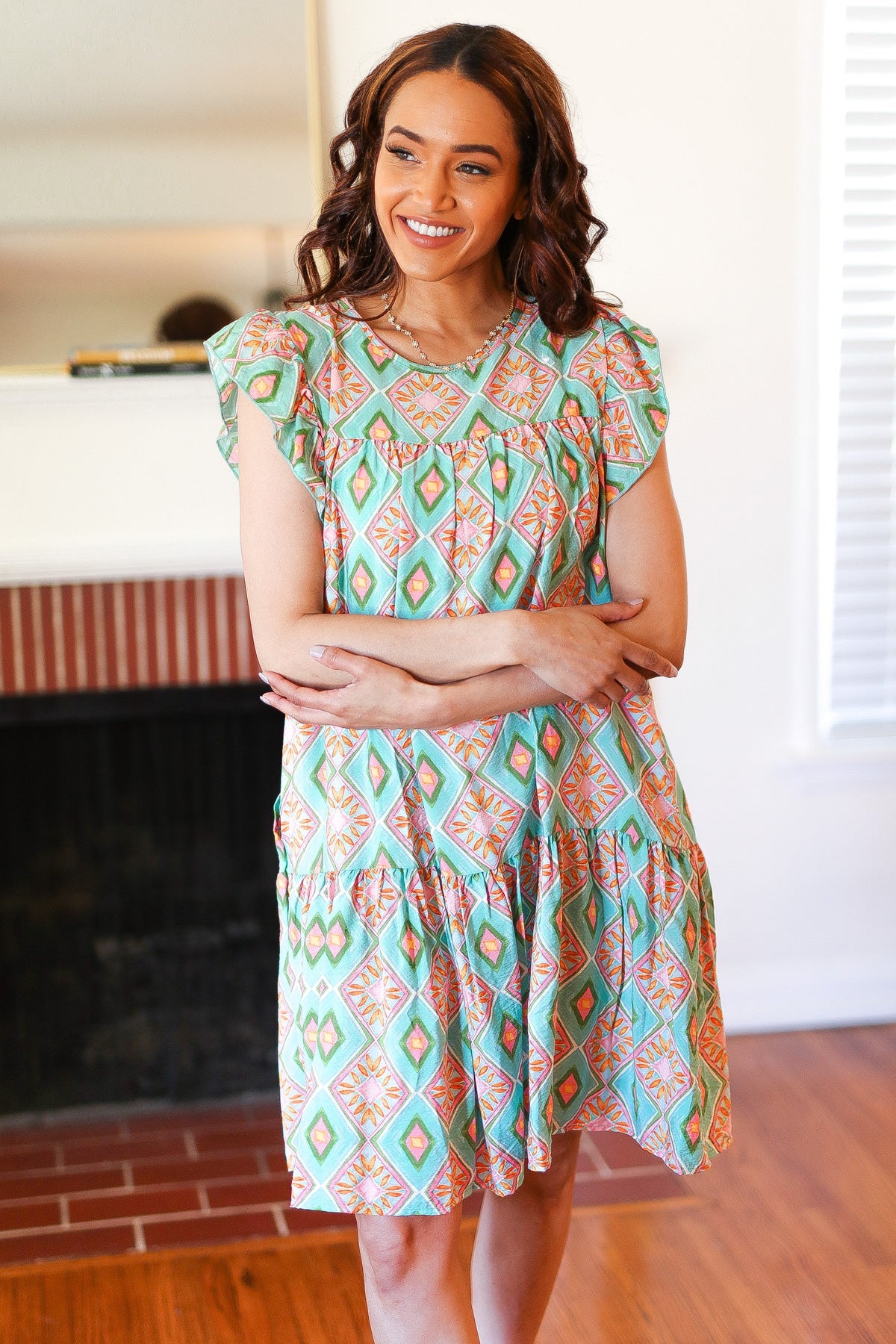 Boho Print Yoke Poplin Woven Dress - Floral Geometric Summer Dress for Women | Perfect for Beach Vacations, Music Festivals & Casual Outings