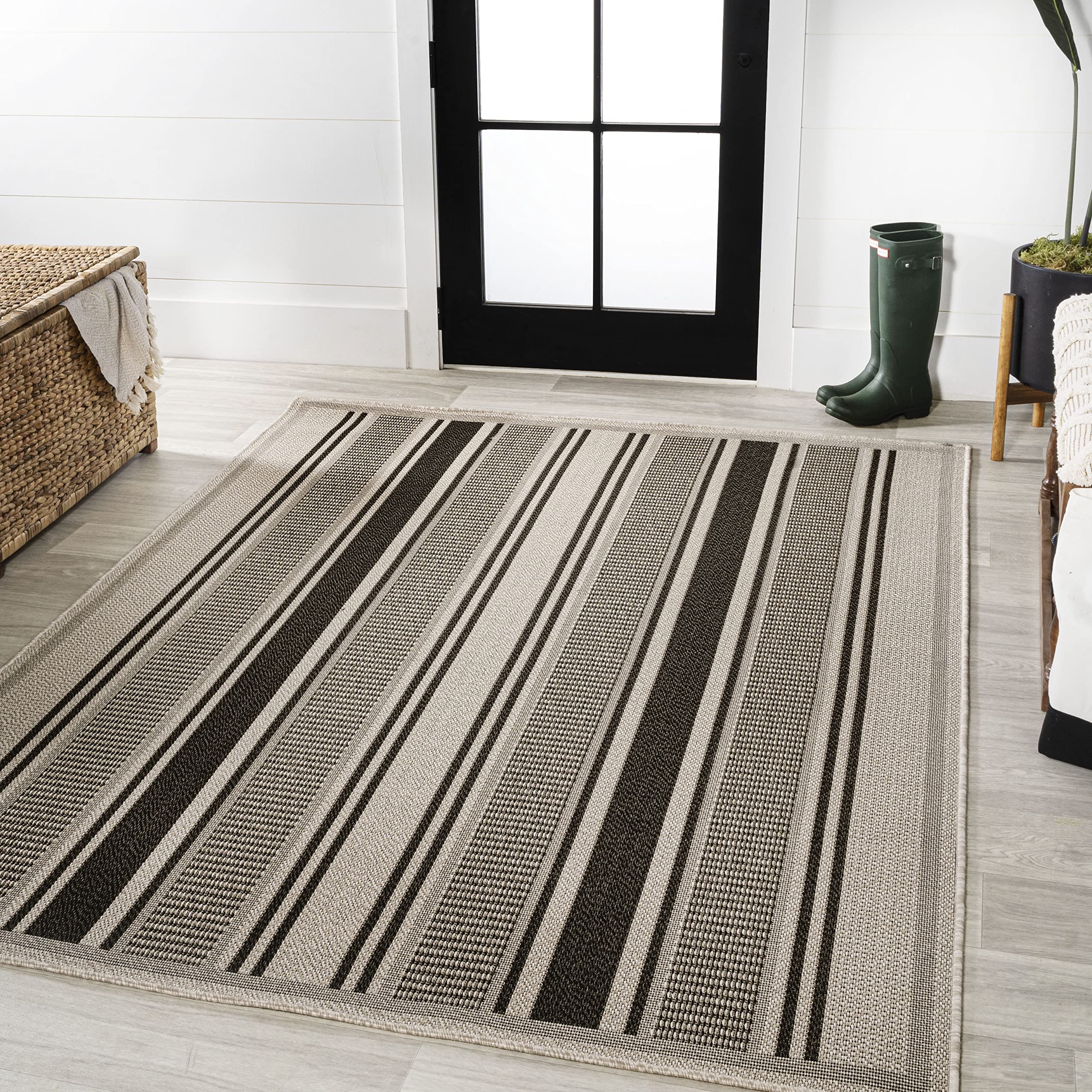 JONATHAN Y SMB202D-8 Modern Double Stripe Indoor/Outdoor Area Rug - Rustic Farmhouse Design, Easy to Clean, Non-Shedding, Black/Beige, 8' x 10' - Perfect for Bedroom, Kitchen, Backyard & Patio Decor