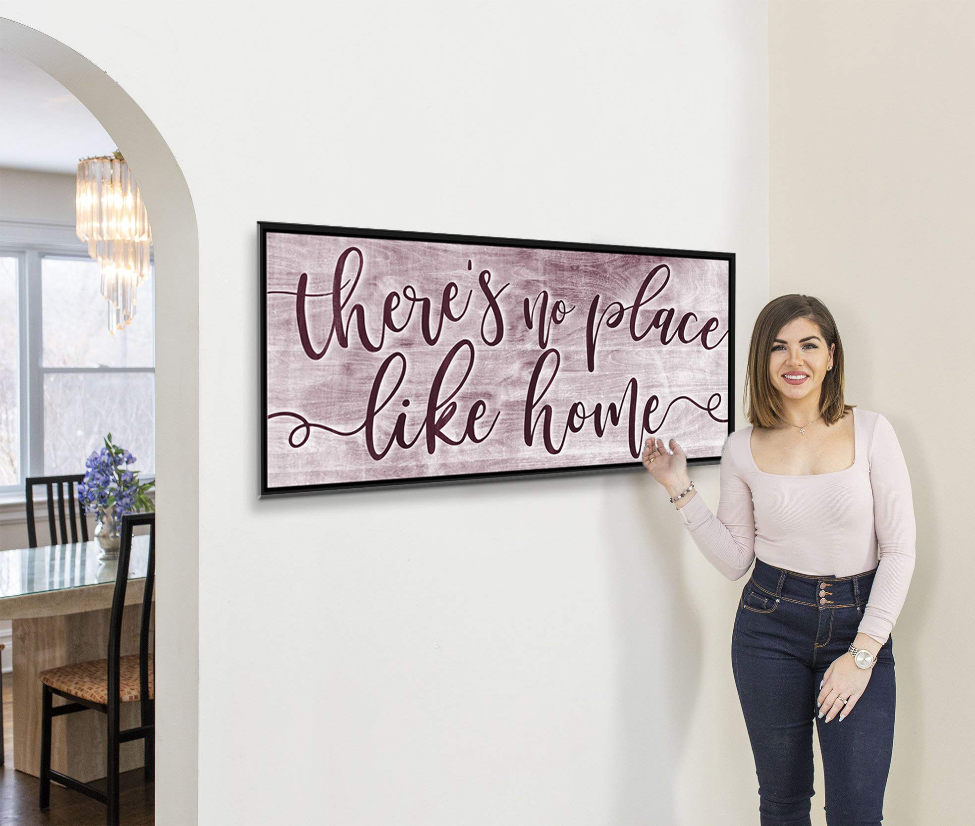 Artistic Home Wall Decor - 'There's No Place Like Home' Rustic Wood Sign with Floating Frame (42x19 Inch) - Perfect for Living Room, Housewarming Gifts & Farmhouse Style Decor - Wine Red & Black Frame for Cozy Home Aesthetic