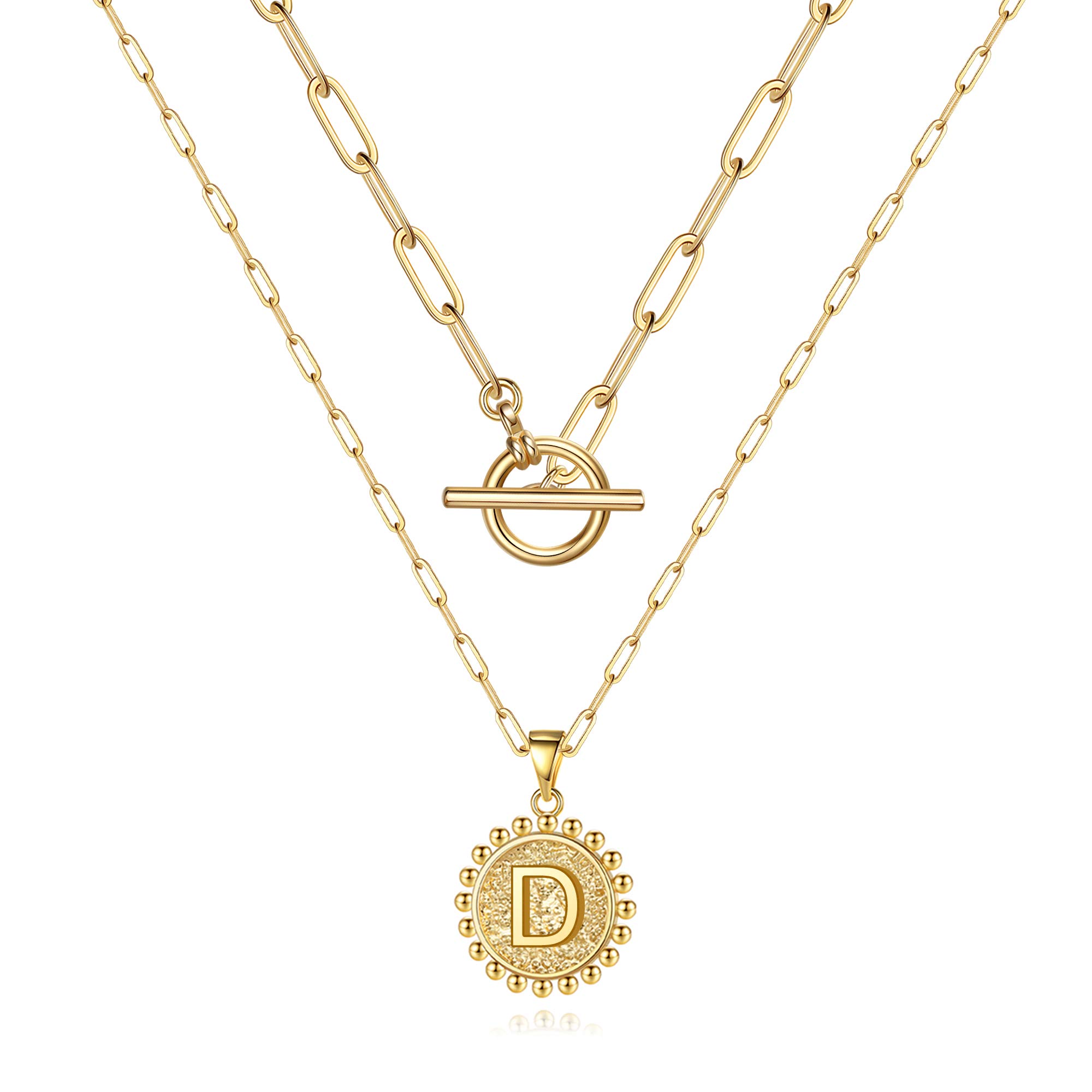 14K Gold Plated Initial Letter Necklace for Women & Teen Girls - Personalized Paperclip Chain Choker - Elegant Layered Coin Pendant Jewelry Gift for Birthday, Anniversary & Everyday Wear