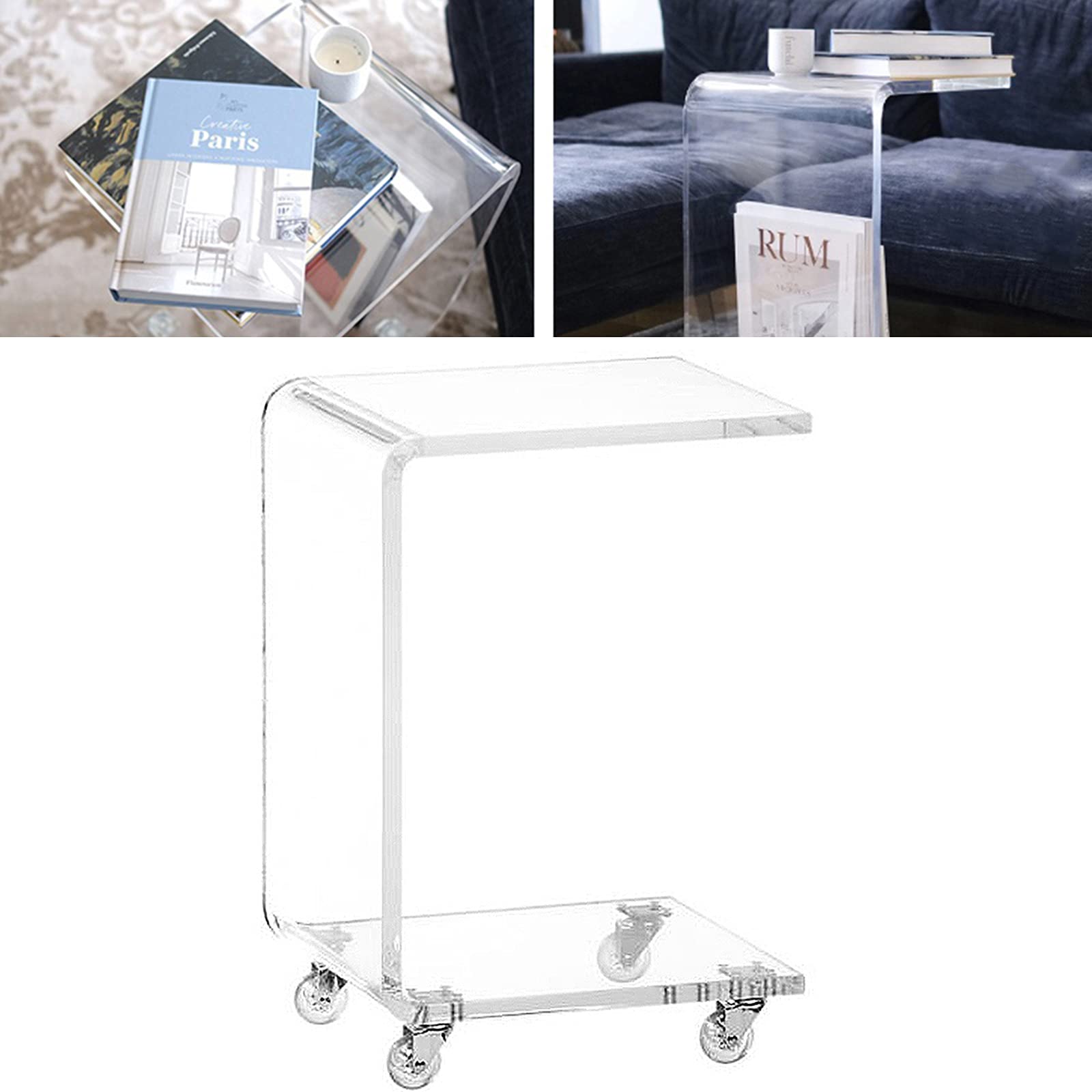 Clear Acrylic C-Shaped Rolling Side Table with Wheels - Portable End Table for Snacks, Coffee, Notebook & Tablet - Perfect for Bed, Sofa & Living Room Use