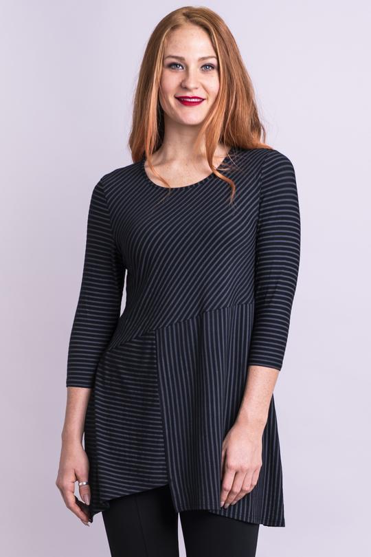 Charming Black and Grey Striped Bamboo Tunic Top for Women - Soft & Comfortable Summer Blouse for Casual Wear, Office, and Outings