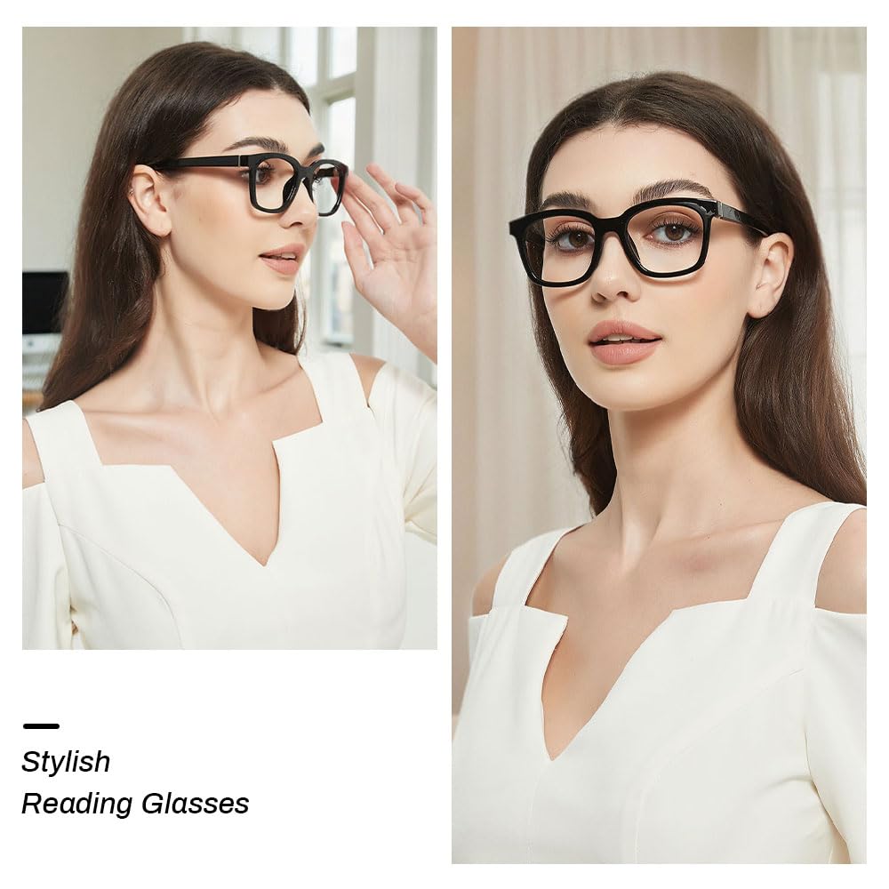 JiSoo Women's Reading Glasses 1.25 Magnification - Oversized Designer Readers with Spring Hinge for Comfort (Black) - Perfect for Reading Books, Using Smartphones, and Working on Computers