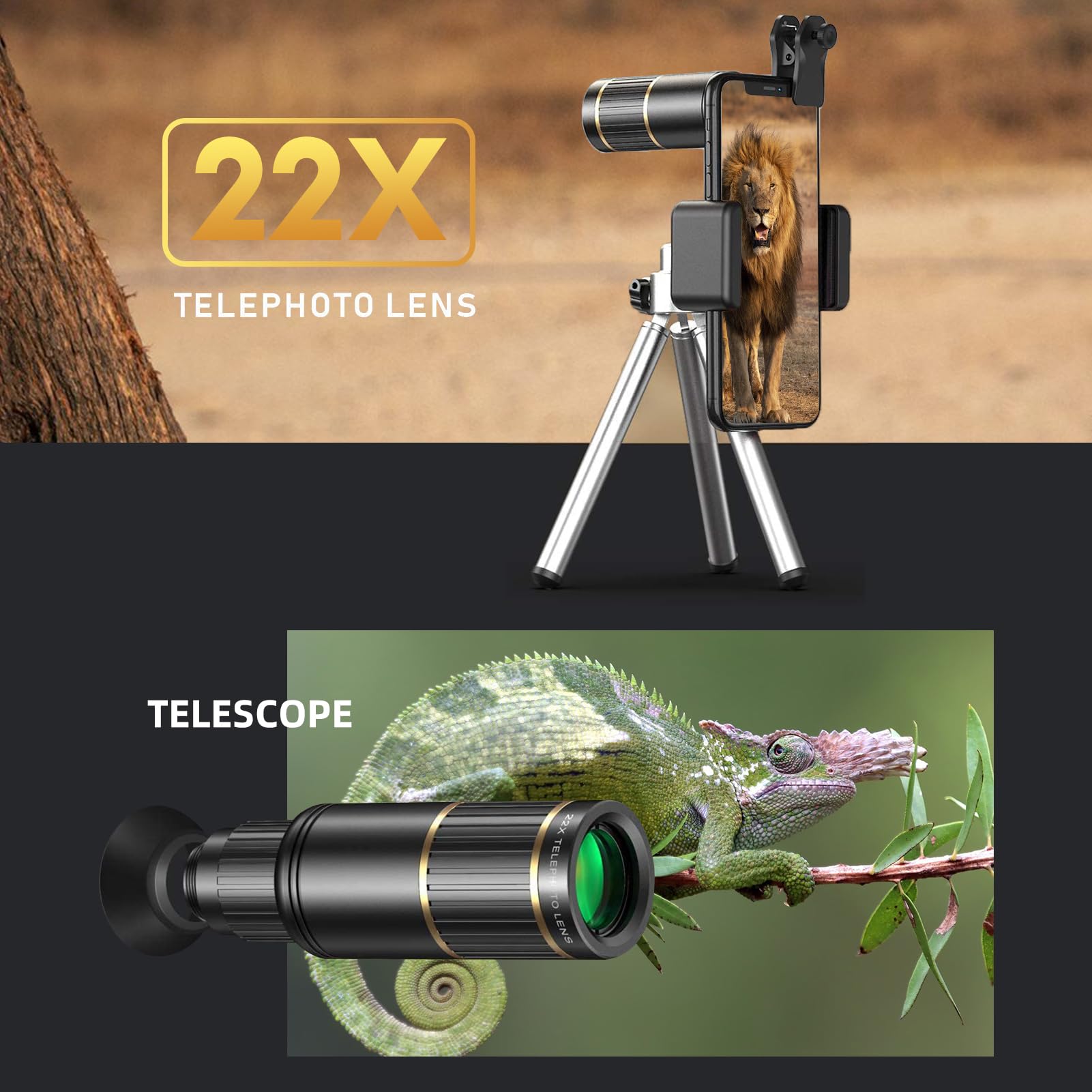 Andoer 4-in-1 Phone Lens Kit - 22X Telephoto Lens, 205° Fisheye Lens, 4K 0.67X Wide Angle Lens & 25X Macro Lens - Compatible with iPhone 15/14/13/12 - Perfect for Travel, Vlogging, Photography & Close-Up Shots