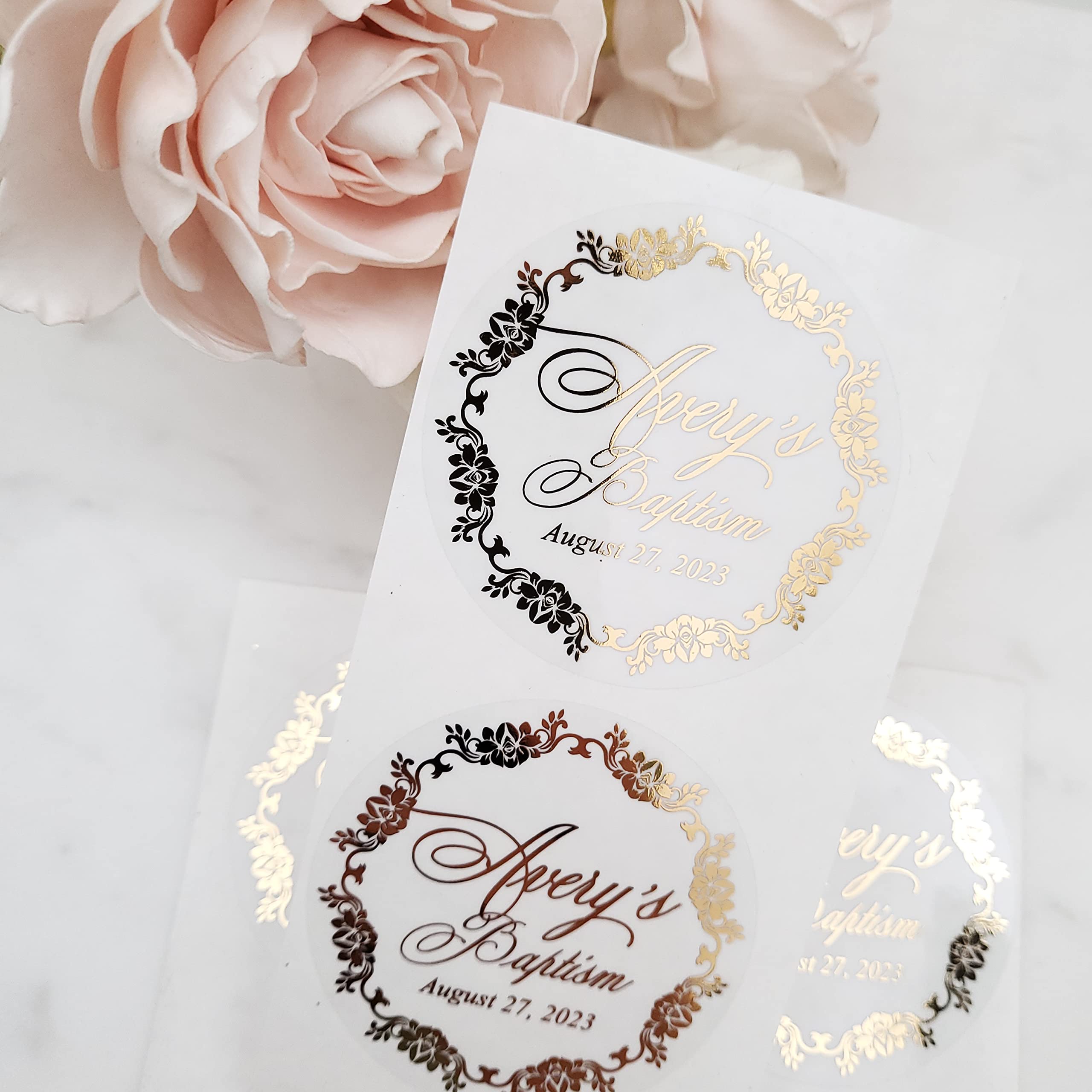 Custom Gold Foil Baptism Stickers - Personalized Christening Labels for Favors, Gifts, Candles & Bottles (2