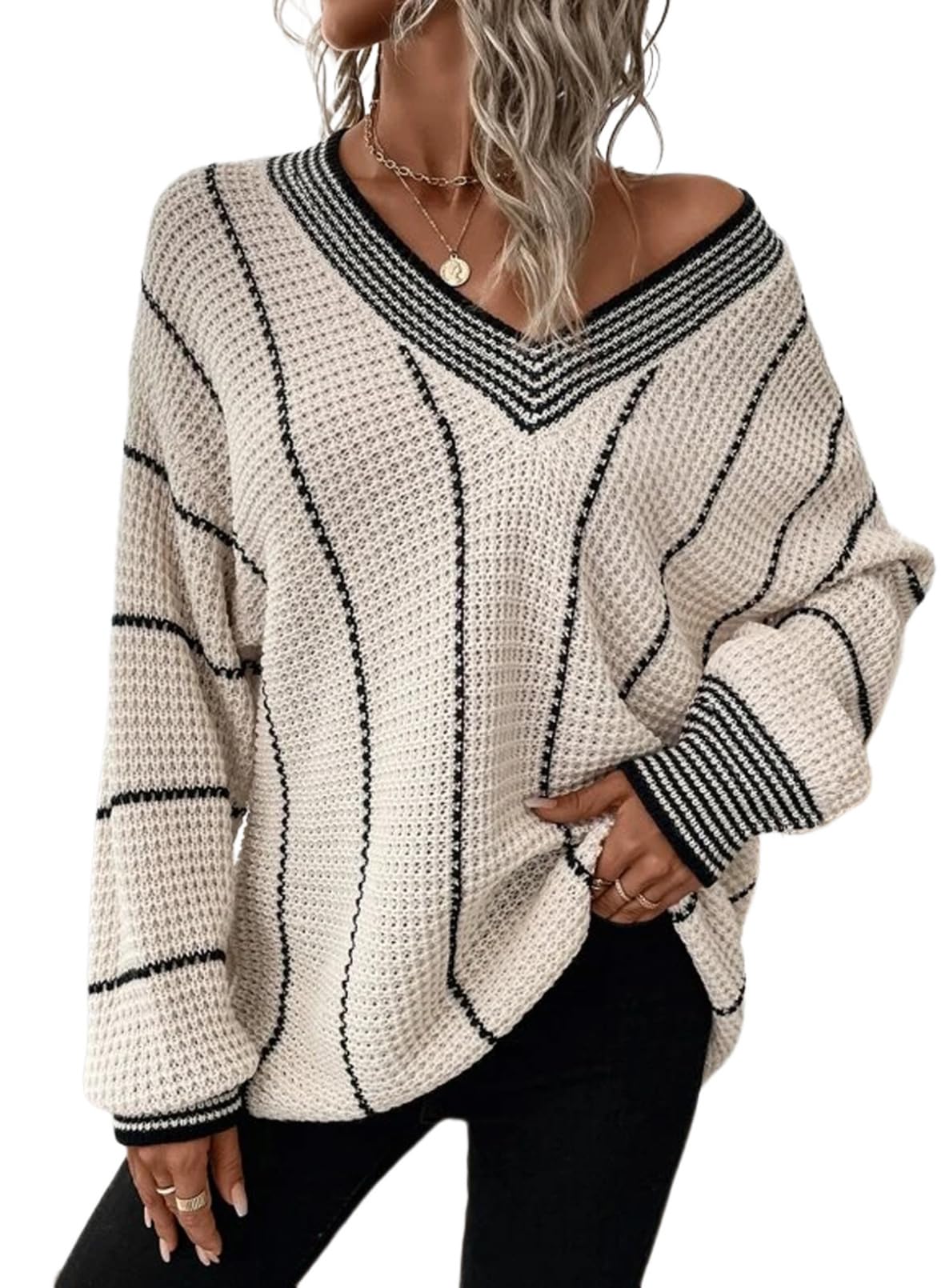 Dokotoo Women's Oversized Striped Tunic Sweater - Casual V-Neck Long Sleeve Color Block Knit Pullover Jumper Top for Fall & Winter | Perfect for Office, Date Night & Weekend Outfits