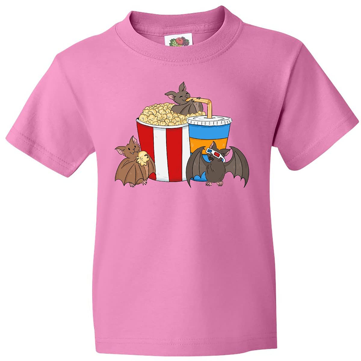 Inktastic Movie Loving Bats with Popcorn and Soda Youth T-Shirt - Cute Cartoon Bat Design for Kids & Teens - Perfect for Movie Nights, Halloween, and Bat Lovers