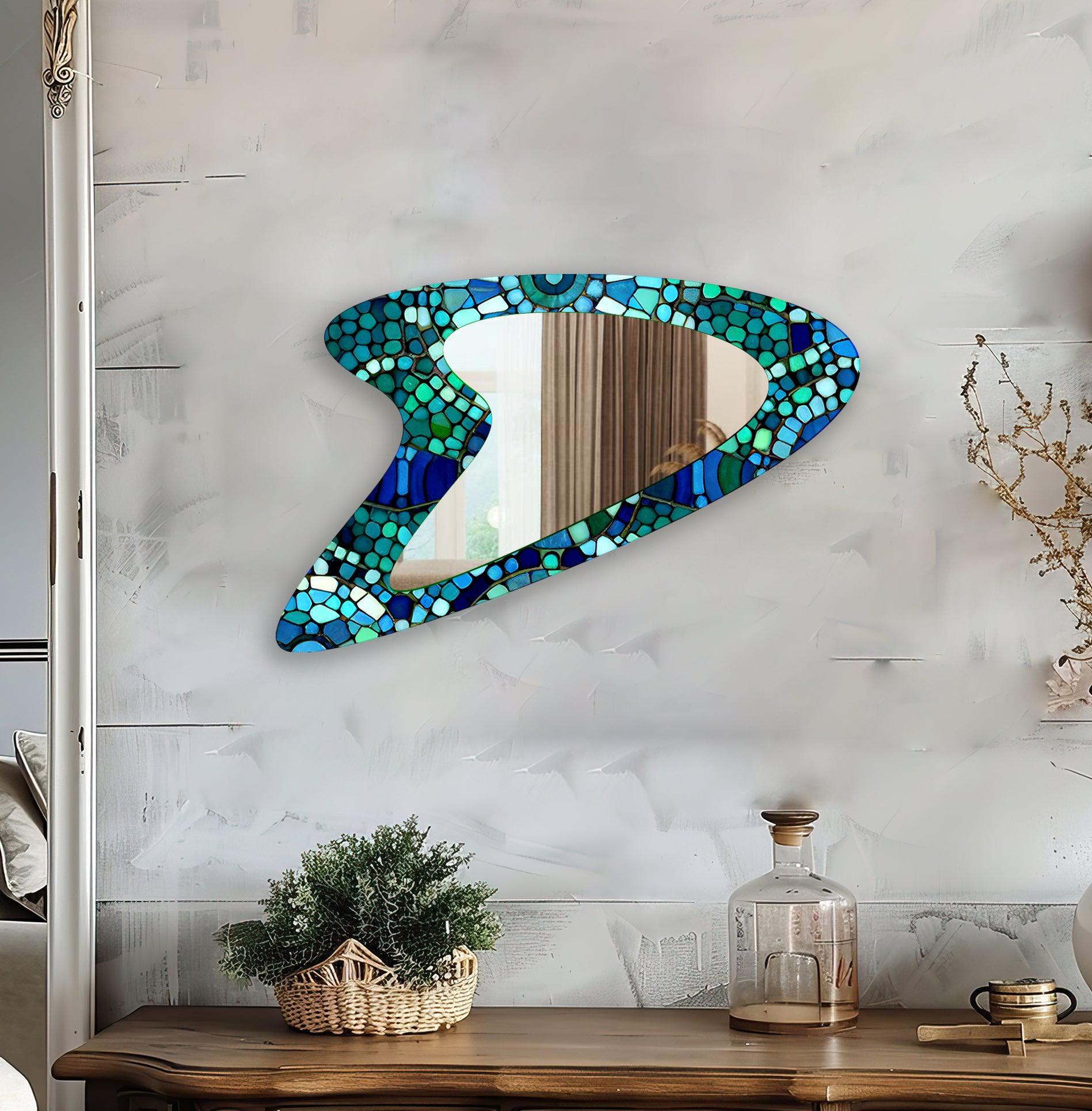 Blue & Green Decorative Mosaic Wall Mirror - Handcrafted Boho Style Bathroom & Bedroom Decor - Perfect for Vanity, Entryway & Living Room Accent Wall