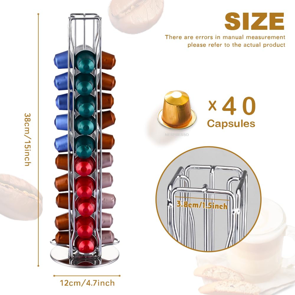Rotating Coffee Pod Holder Organizer - 40 Capsule Storage for Nespresso OriginalLine - Space Saving Coffee Pod Dispenser for Home, Office & Kitchen - Silver (Perfect for Countertop & Cabinet Organization)