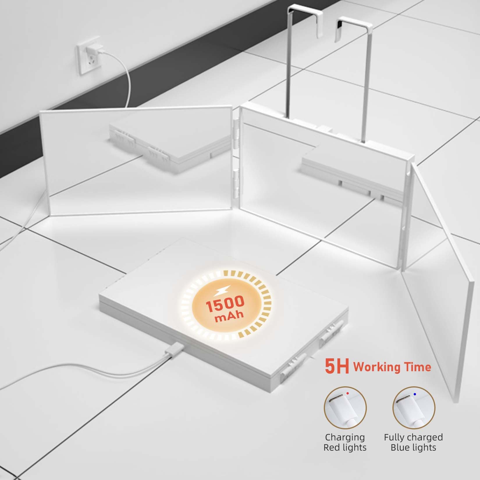 Essbhach 3-Way Adjustable LED Mirror - 360° Rotating Vanity & Barber Mirror for Women & Men, Height-Adjustable Wall Mount with Hooks - Perfect for Salon, Bathroom & Home Makeup Station